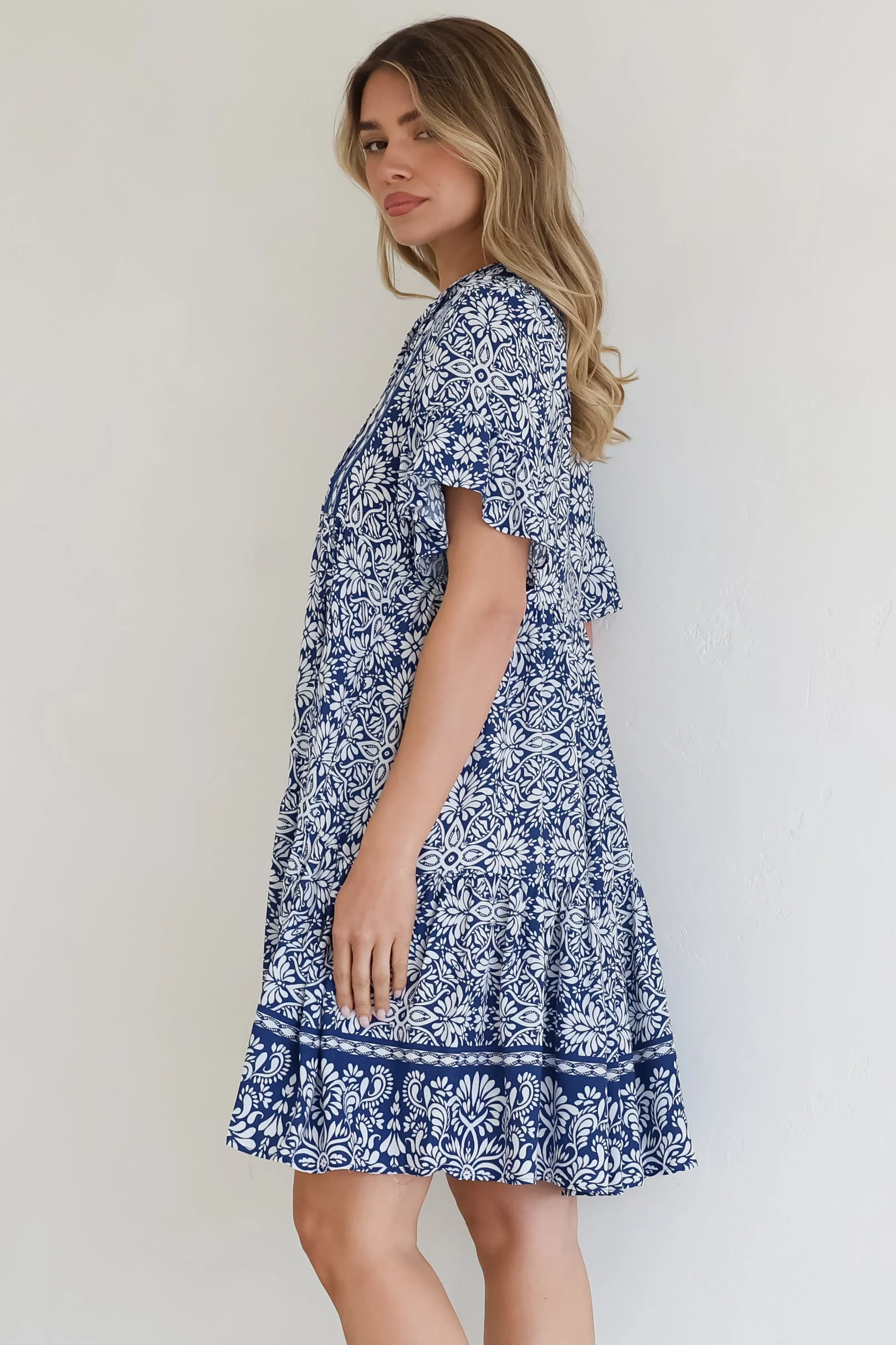 Abilia Mini Dress - Mandarin Collar Smock Dress in Harley Print Blue - Image 13