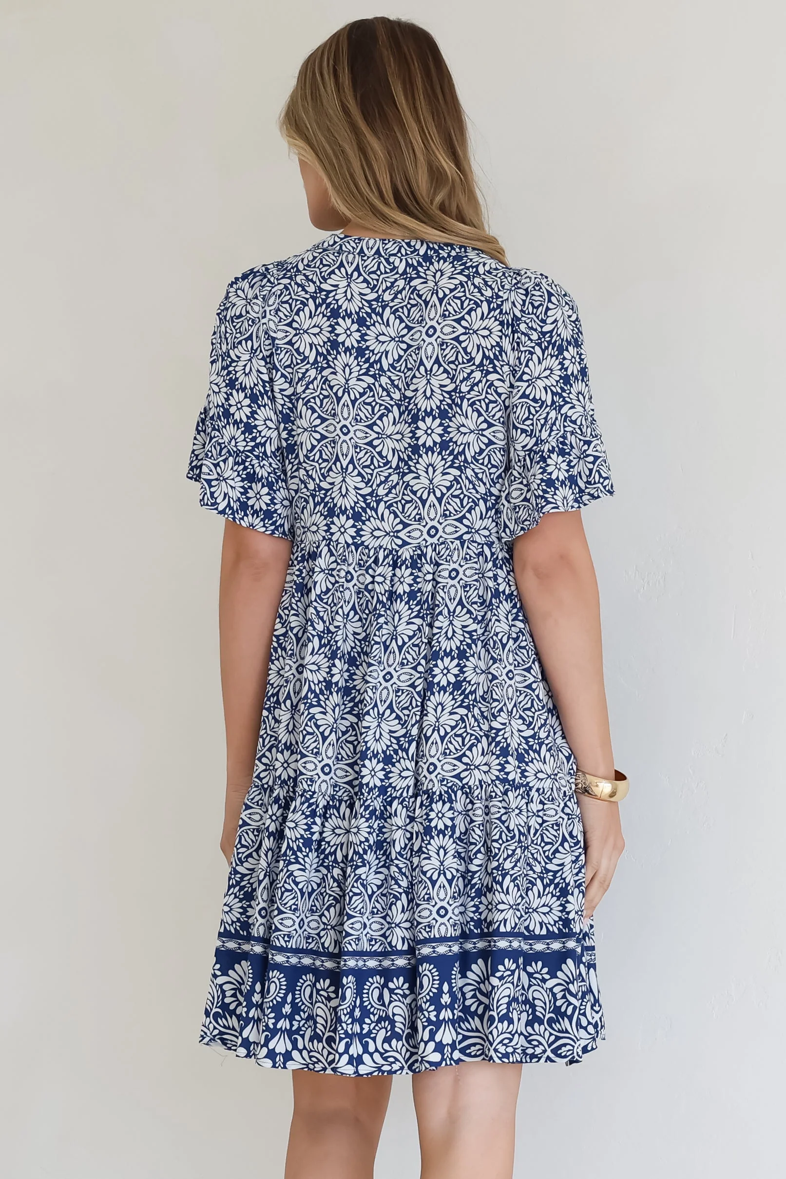 Abilia Mini Dress - Mandarin Collar Smock Dress in Harley Print Blue - Image 14