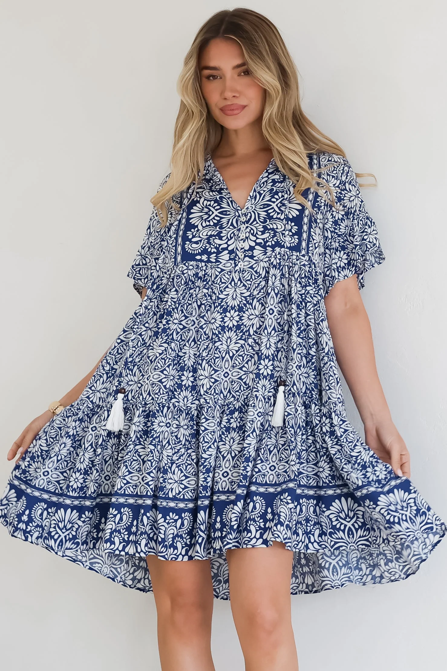 Abilia Mini Dress - Mandarin Collar Smock Dress in Harley Print Blue - Image 9