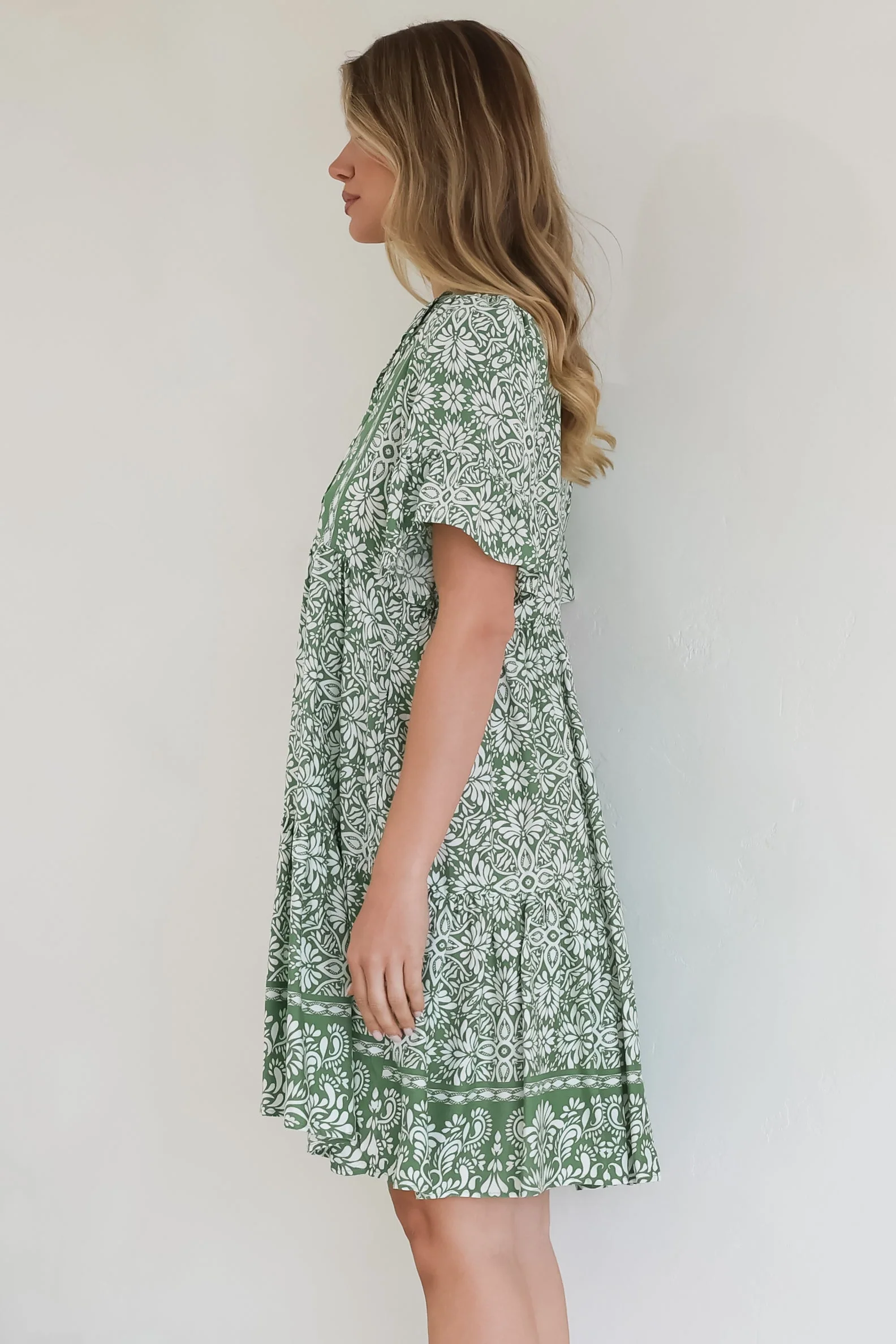 Abilia Mini Dress - Mandarin Collar Smock Dress in Harley Print Green - Image 11