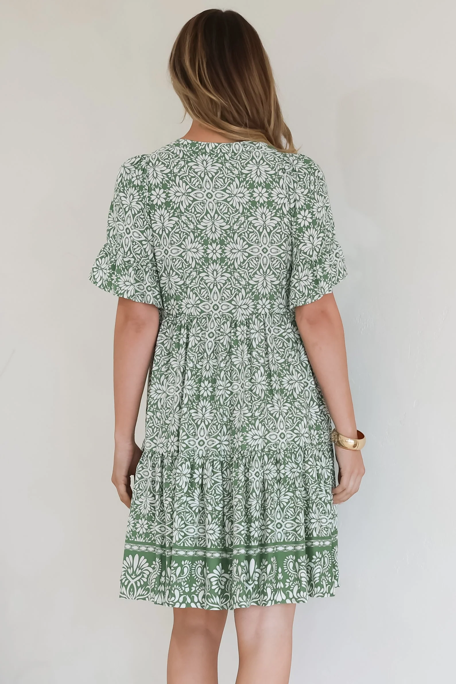 Abilia Mini Dress - Mandarin Collar Smock Dress in Harley Print Green - Image 12