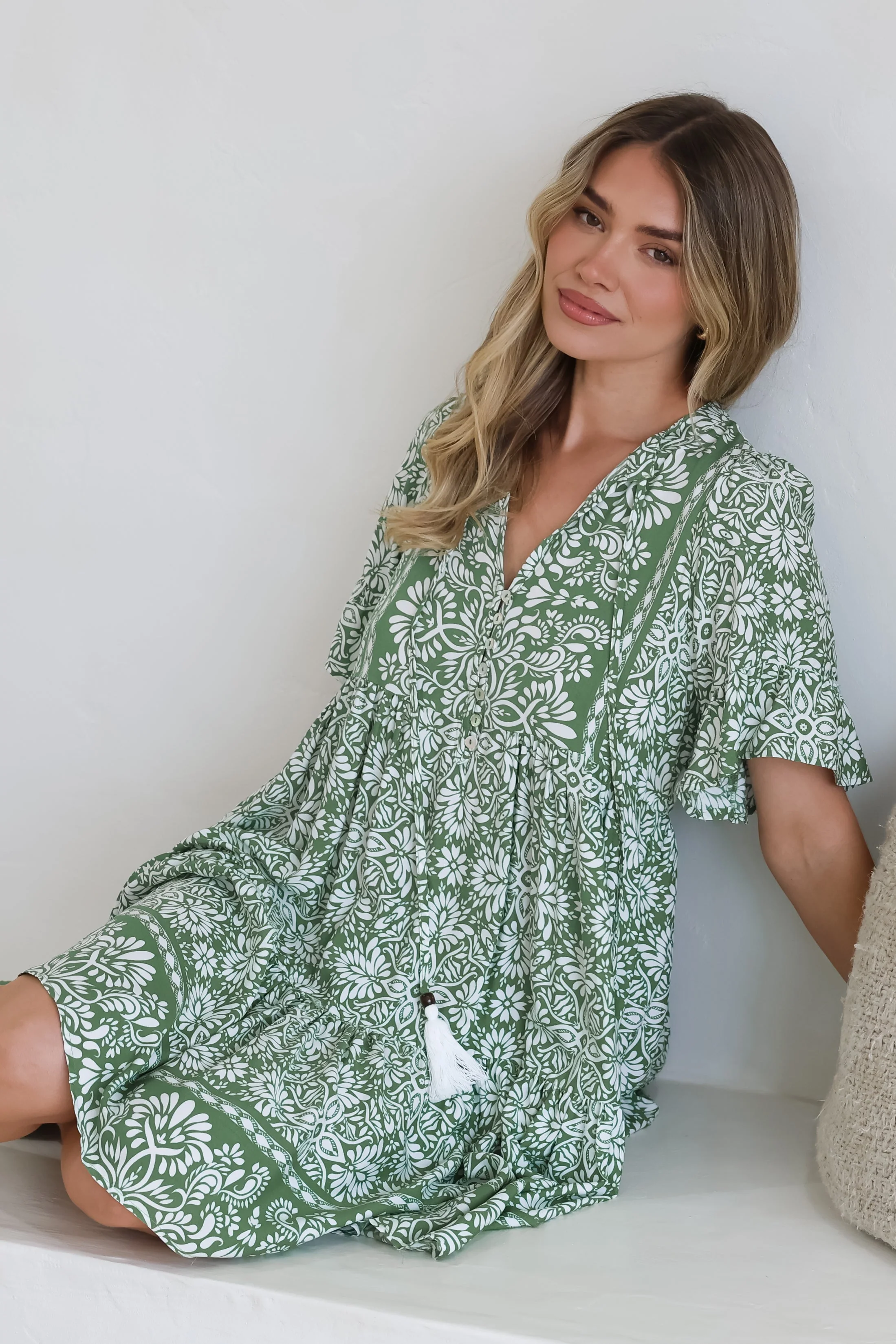 Abilia Mini Dress - Mandarin Collar Smock Dress in Harley Print Green - Image 3