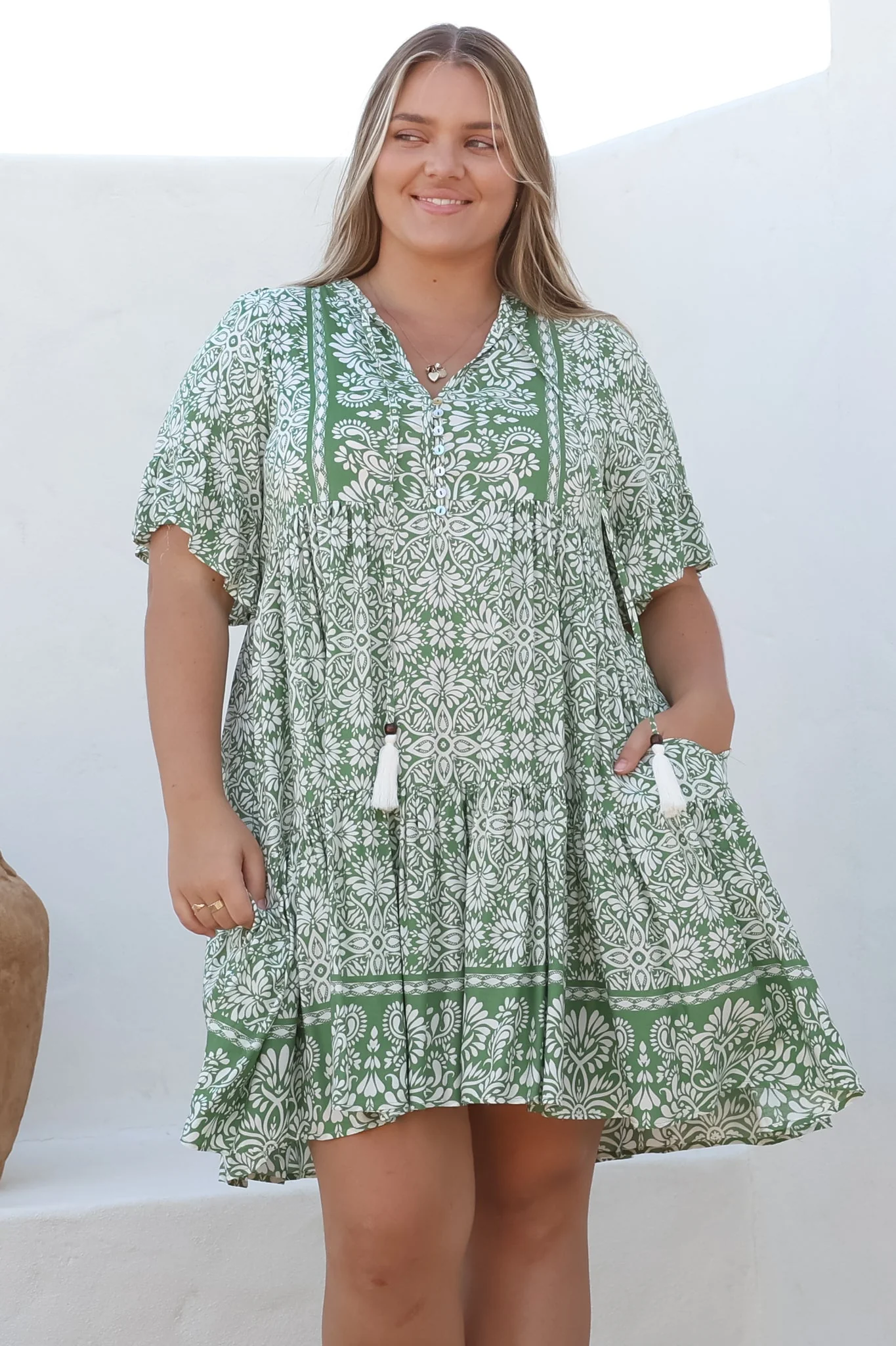 Abilia Mini Dress - Mandarin Collar Smock Dress in Harley Print Green - Image 4