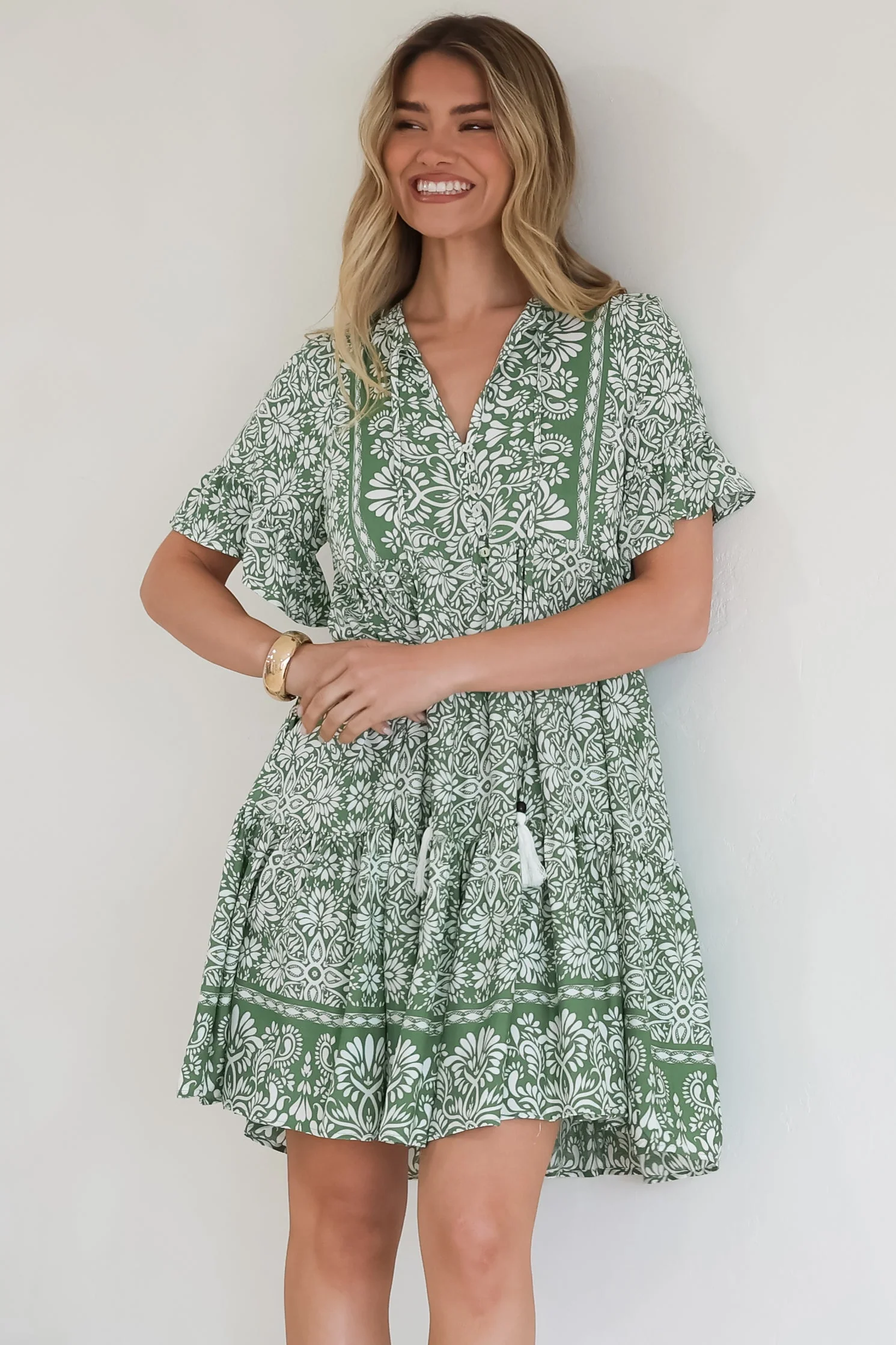 Abilia Mini Dress - Mandarin Collar Smock Dress in Harley Print Green - Image 5