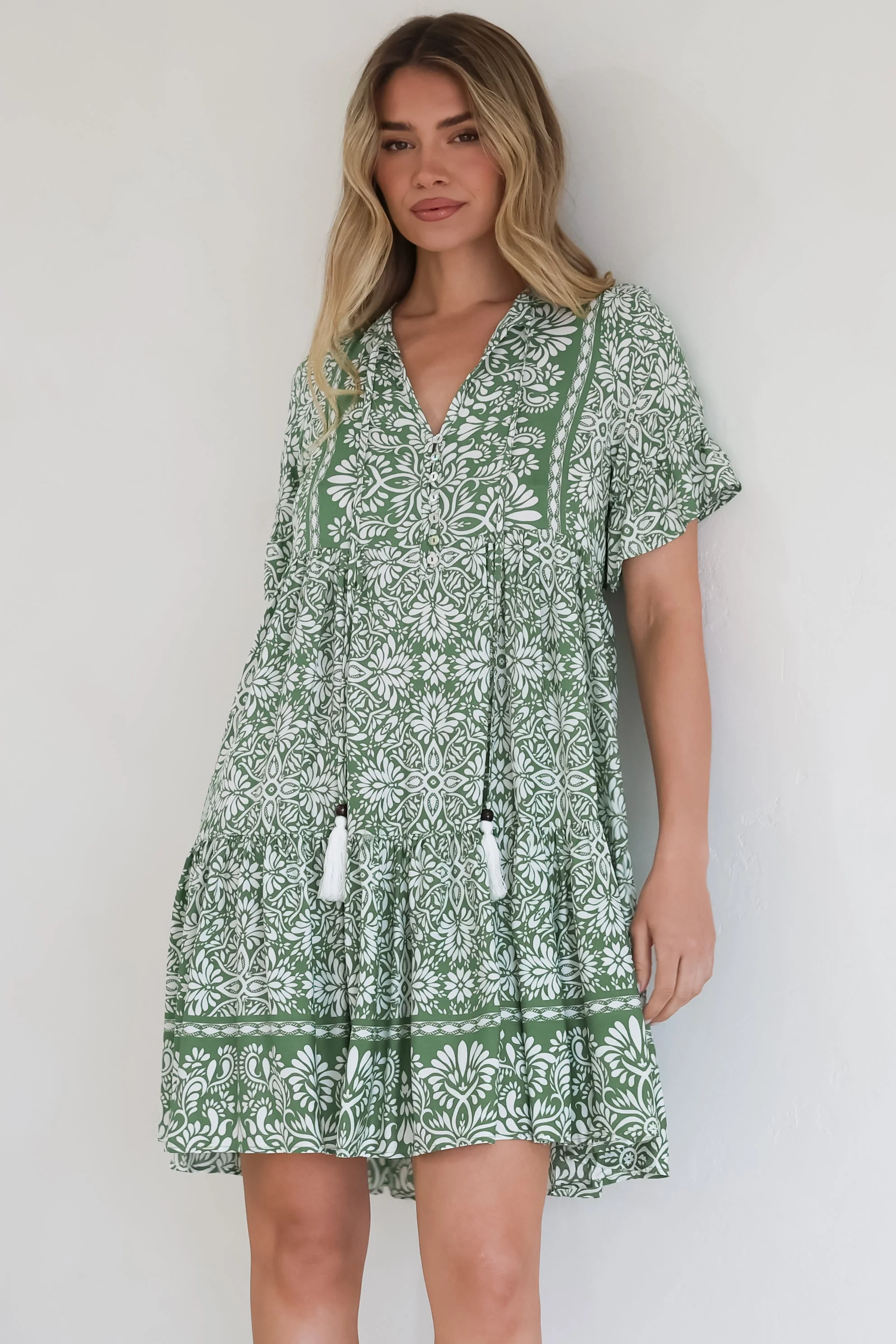 Abilia Mini Dress - Mandarin Collar Smock Dress in Harley Print Green - Image 7