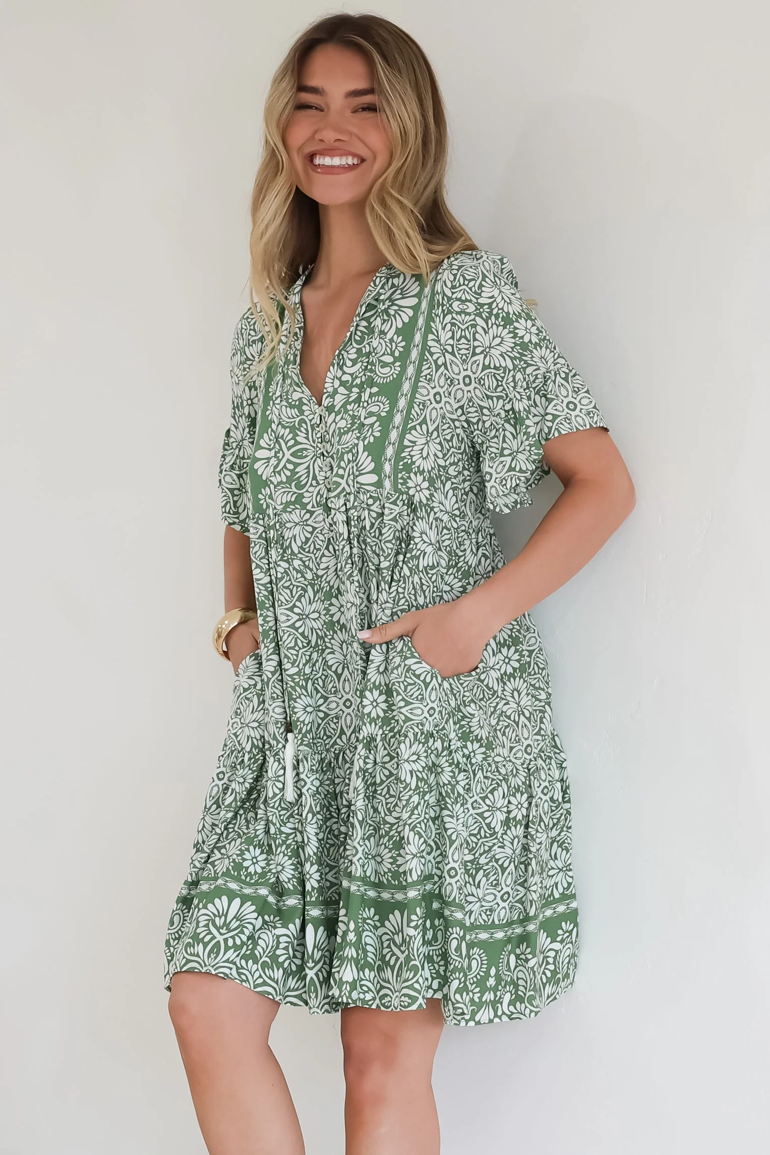 Abilia Mini Dress - Mandarin Collar Smock Dress in Harley Print Green - Image 8