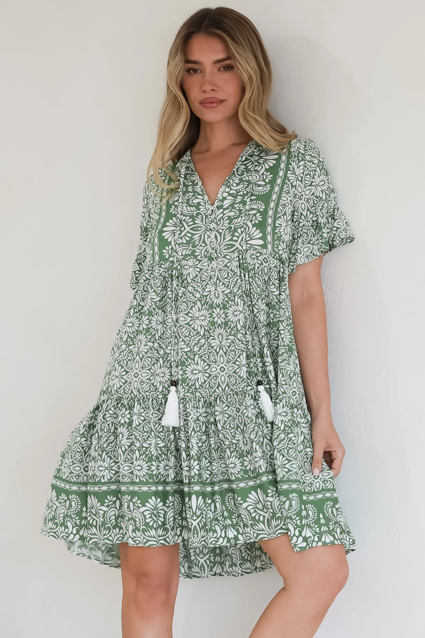 Abilia Mini Dress - Mandarin Collar Smock Dress in Harley Print Green - Image 9