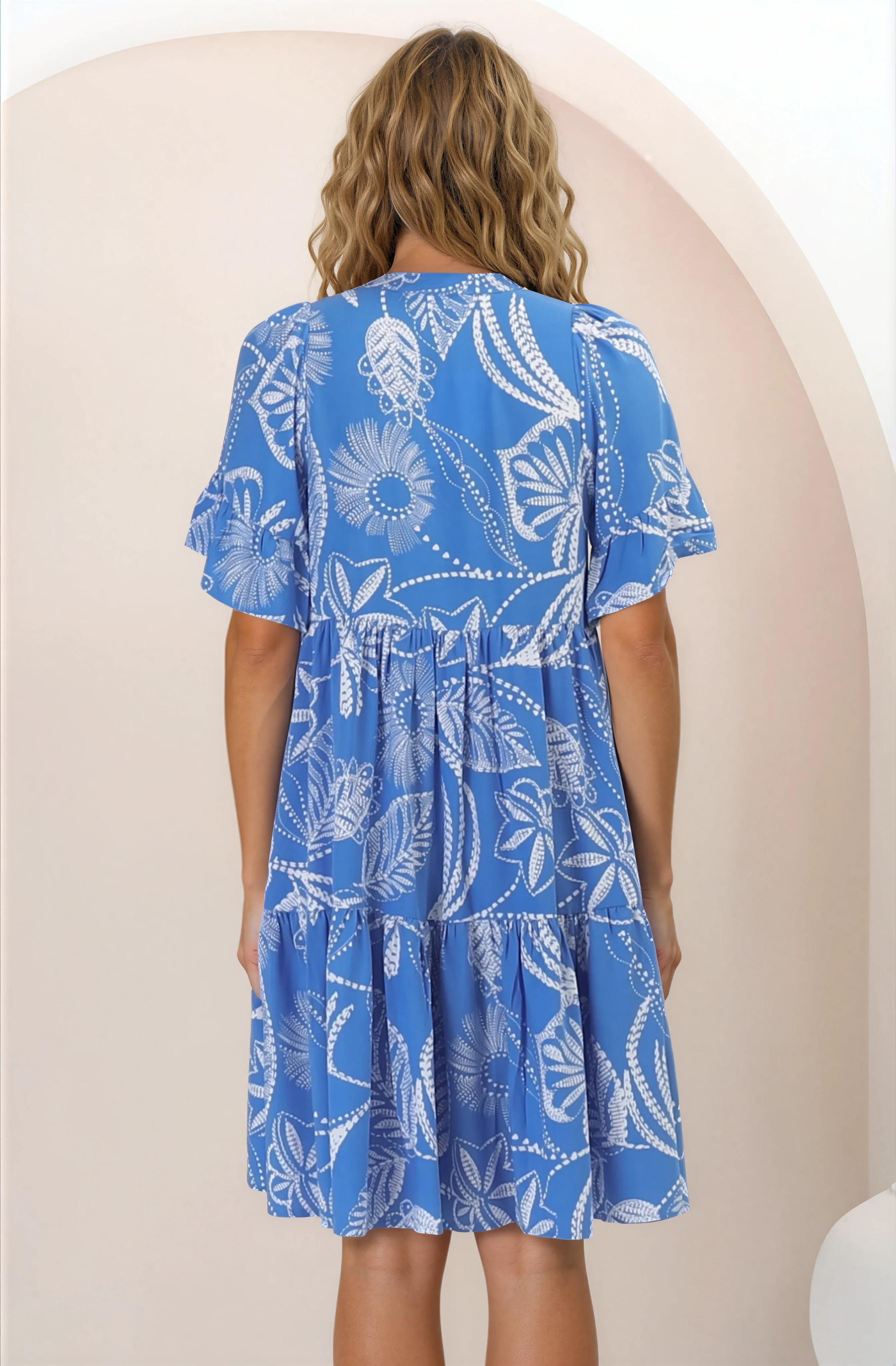 Abilia Mini Dress - Mandarin Collar Buttoned Bodice Smock Dress in Havanna Print in Blue - Image 14
