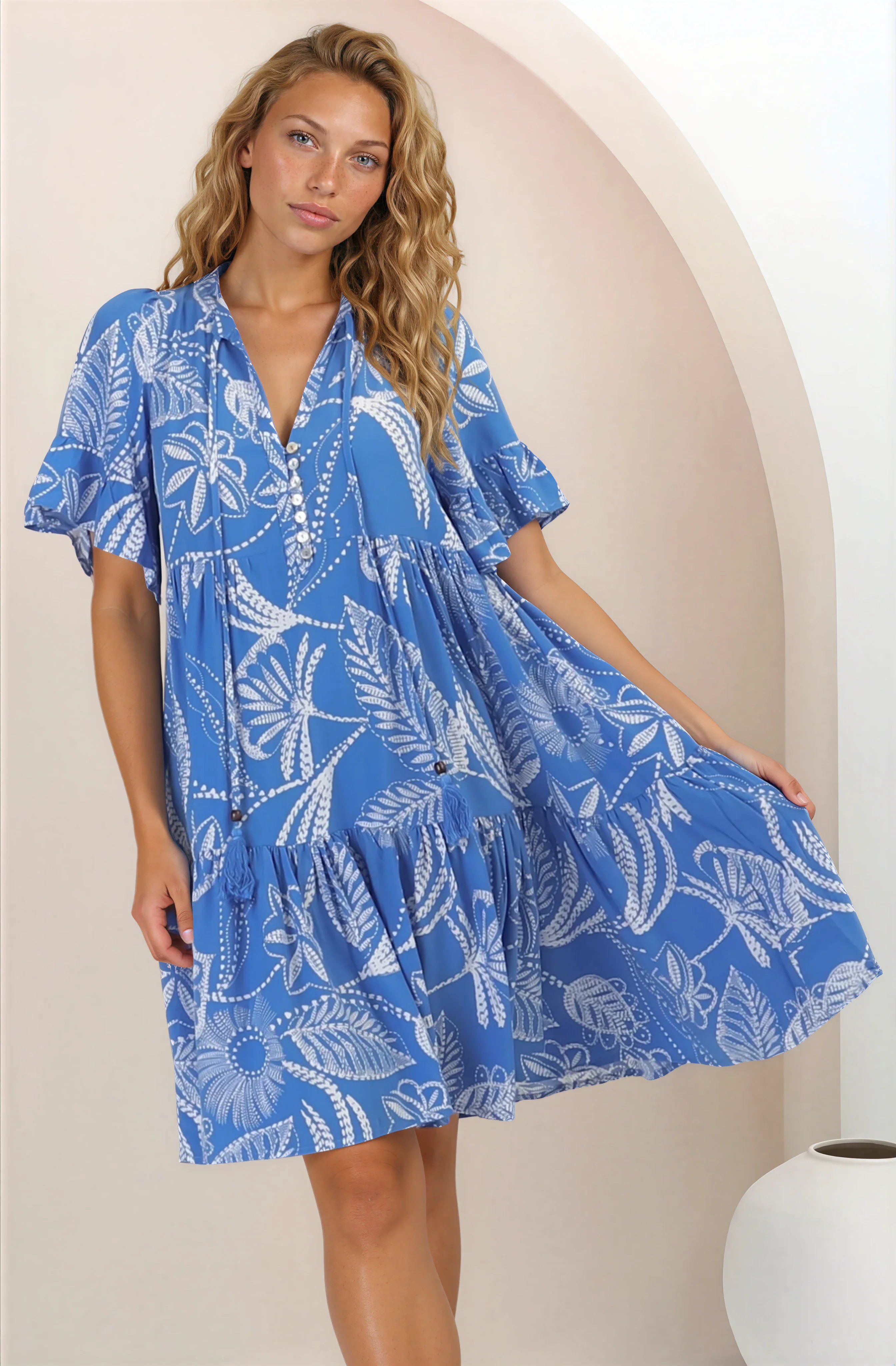 Abilia Mini Dress - Mandarin Collar Buttoned Bodice Smock Dress in Havanna Print in Blue - Image 15
