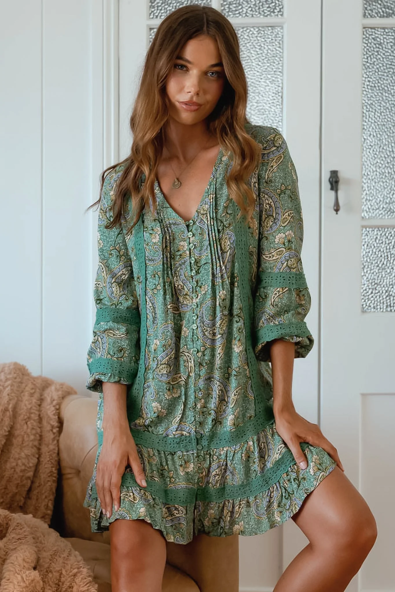 JAASE - Abio Mini Dress: V-Neck Lace Detailed Button Down with Long Sleeves in Sagewood Print - Image 3