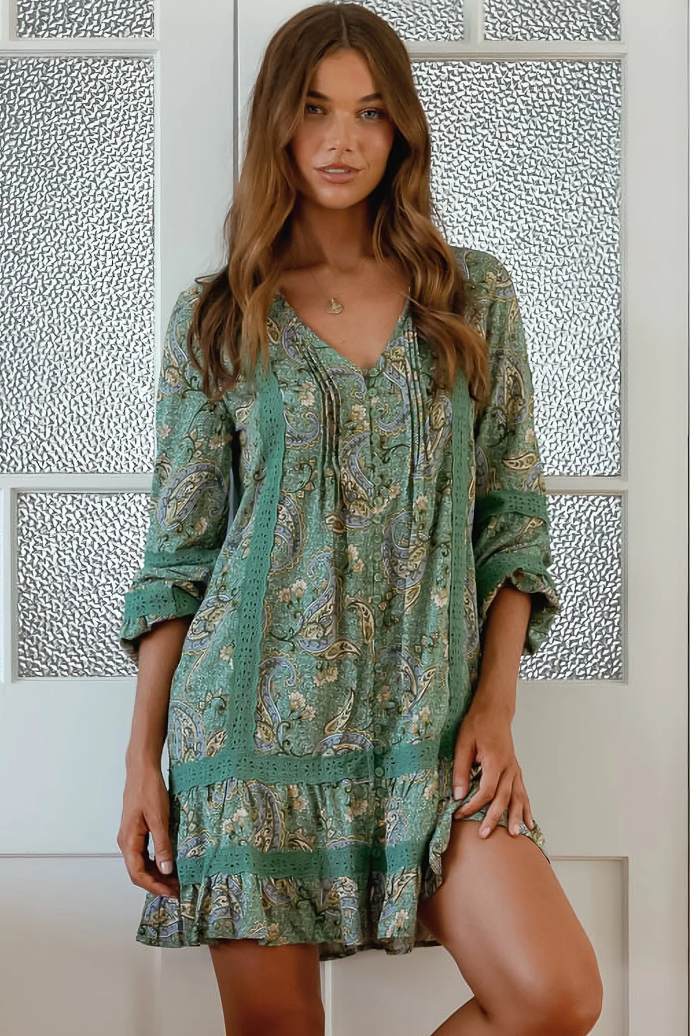 JAASE - Abio Mini Dress: V-Neck Lace Detailed Button Down with Long Sleeves in Sagewood Print - Image 4