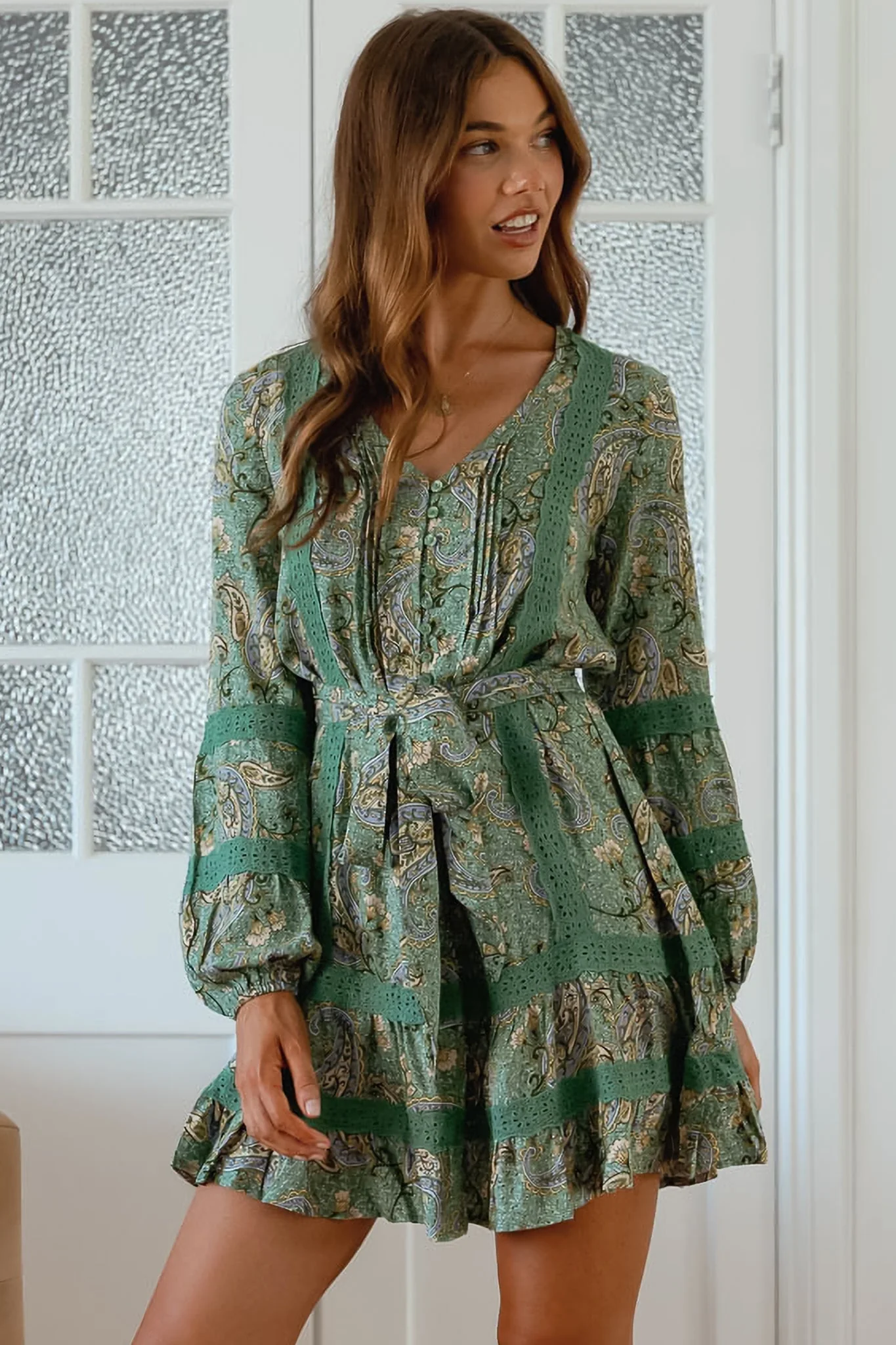 JAASE - Abio Mini Dress: V-Neck Lace Detailed Button Down with Long Sleeves in Sagewood Print - Image 5