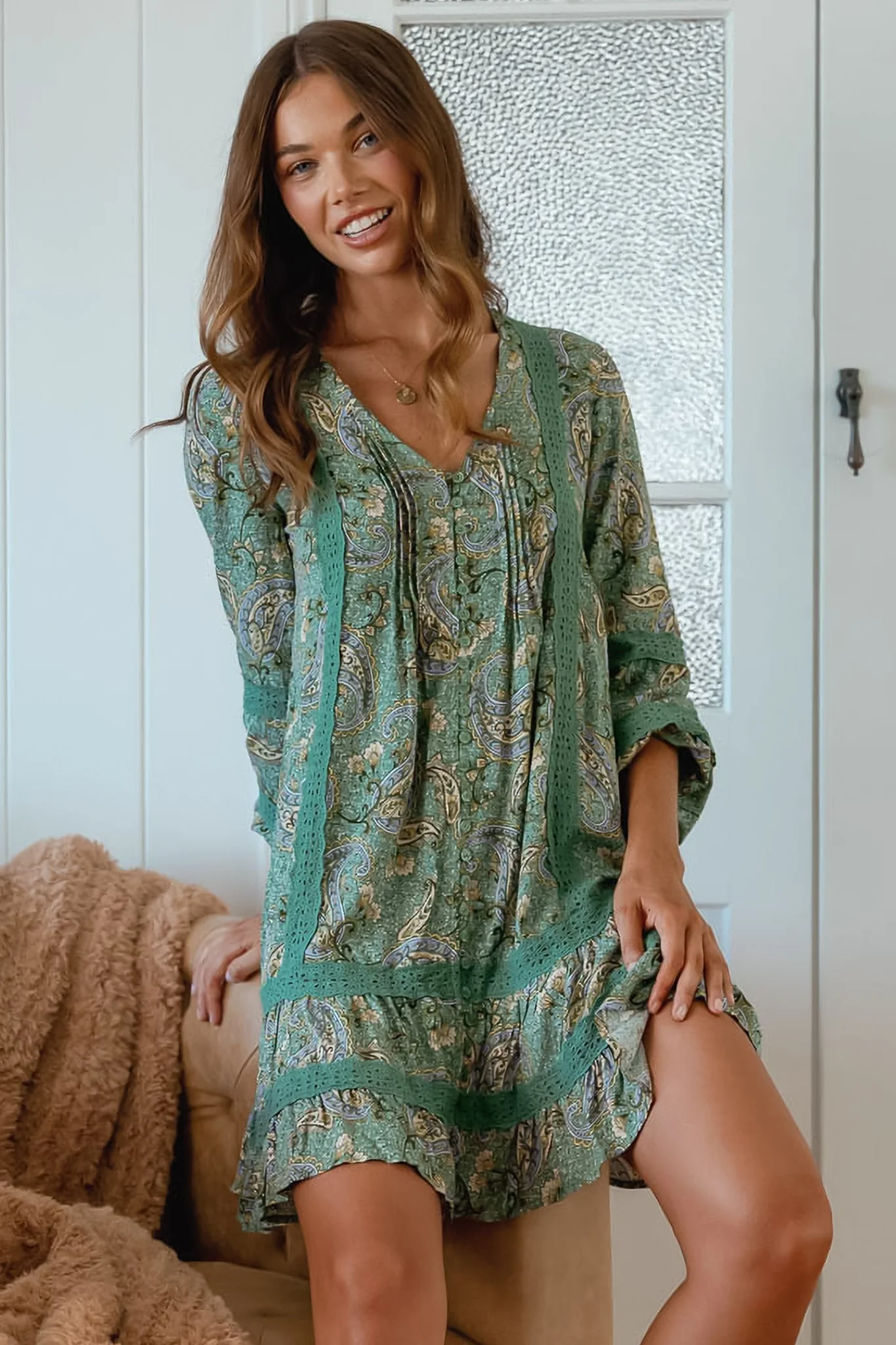 JAASE - Abio Mini Dress: V-Neck Lace Detailed Button Down with Long Sleeves in Sagewood Print - Image 6