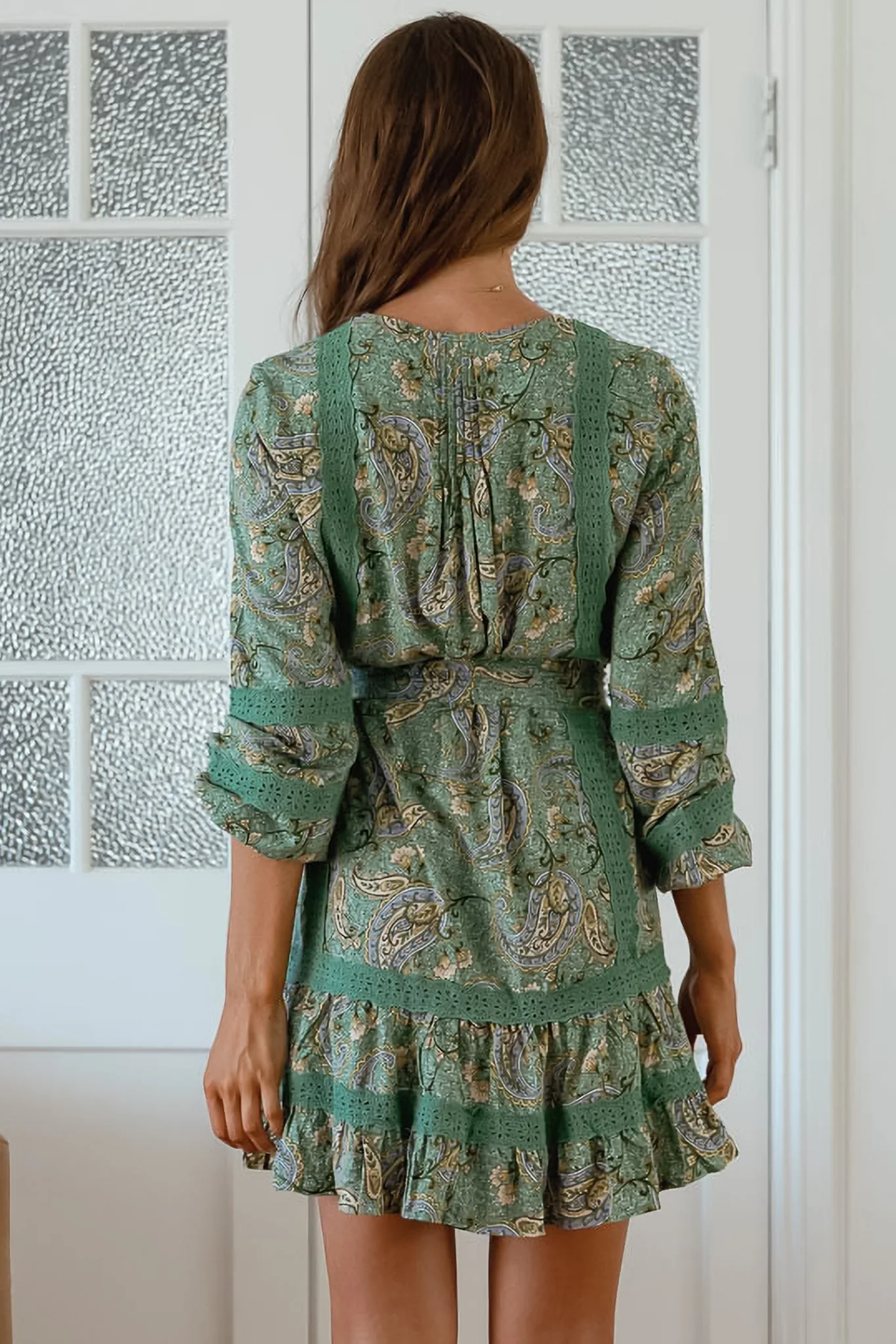 JAASE - Abio Mini Dress: V-Neck Lace Detailed Button Down with Long Sleeves in Sagewood Print - Image 7