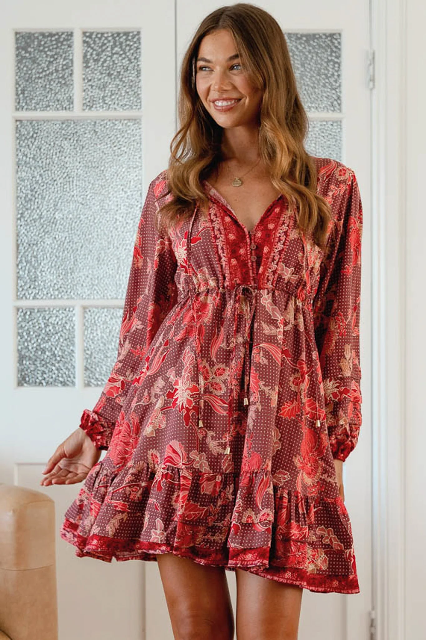 JAASE - Abito Mini Dress: Pull Tie Waist A Line Dress with Long Sleeves in Ziggy Print - Image 2