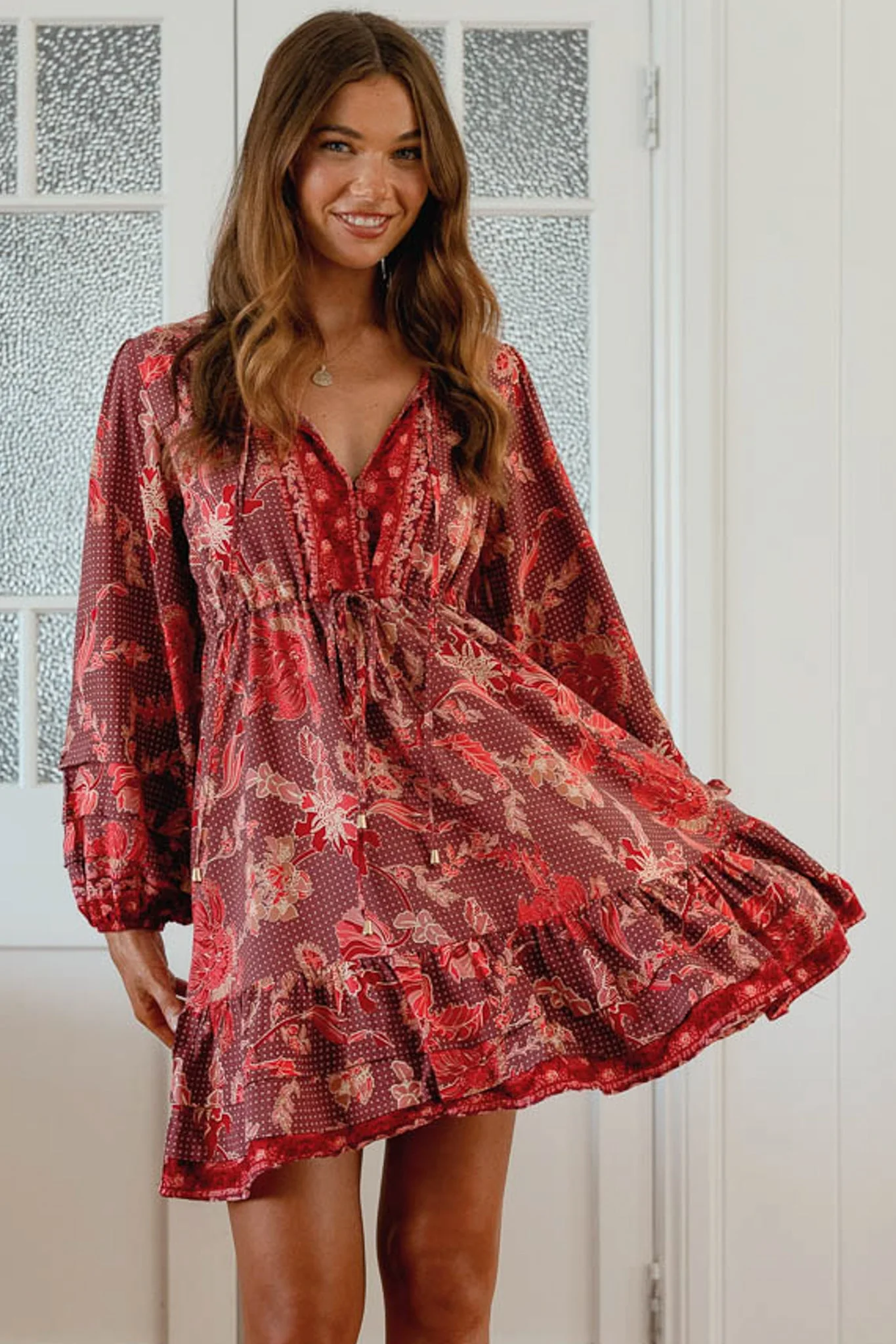 JAASE - Abito Mini Dress: Pull Tie Waist A Line Dress with Long Sleeves in Ziggy Print - Image 3