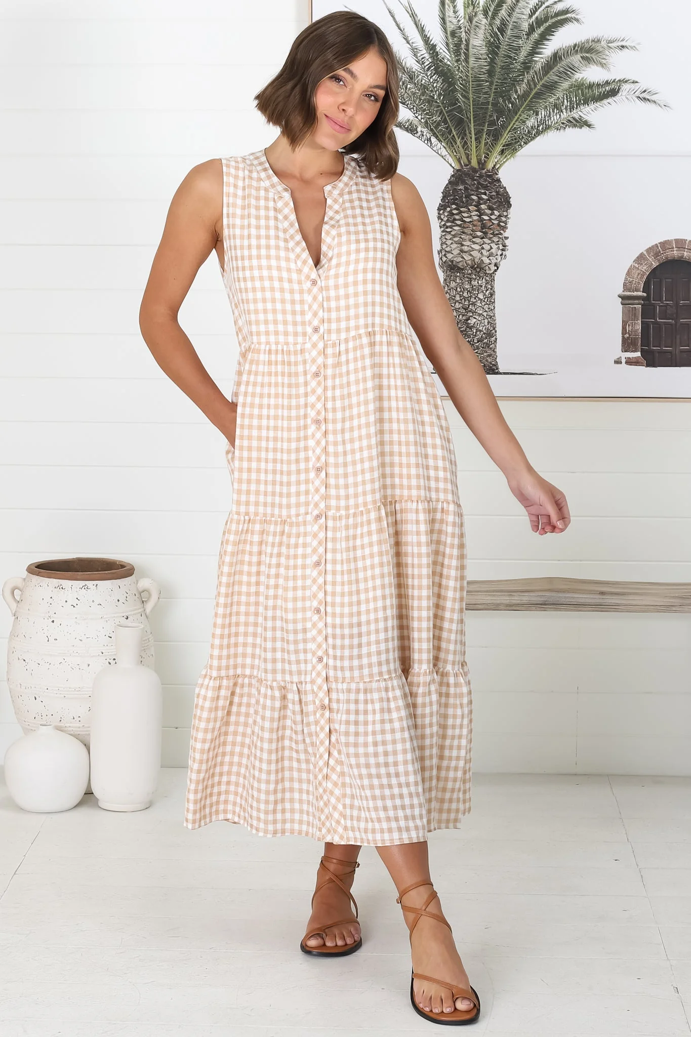 Acelle Midi Dress - Sleeveless Bermuda Collar Button Down Gingham Dress in Beige - Image 10