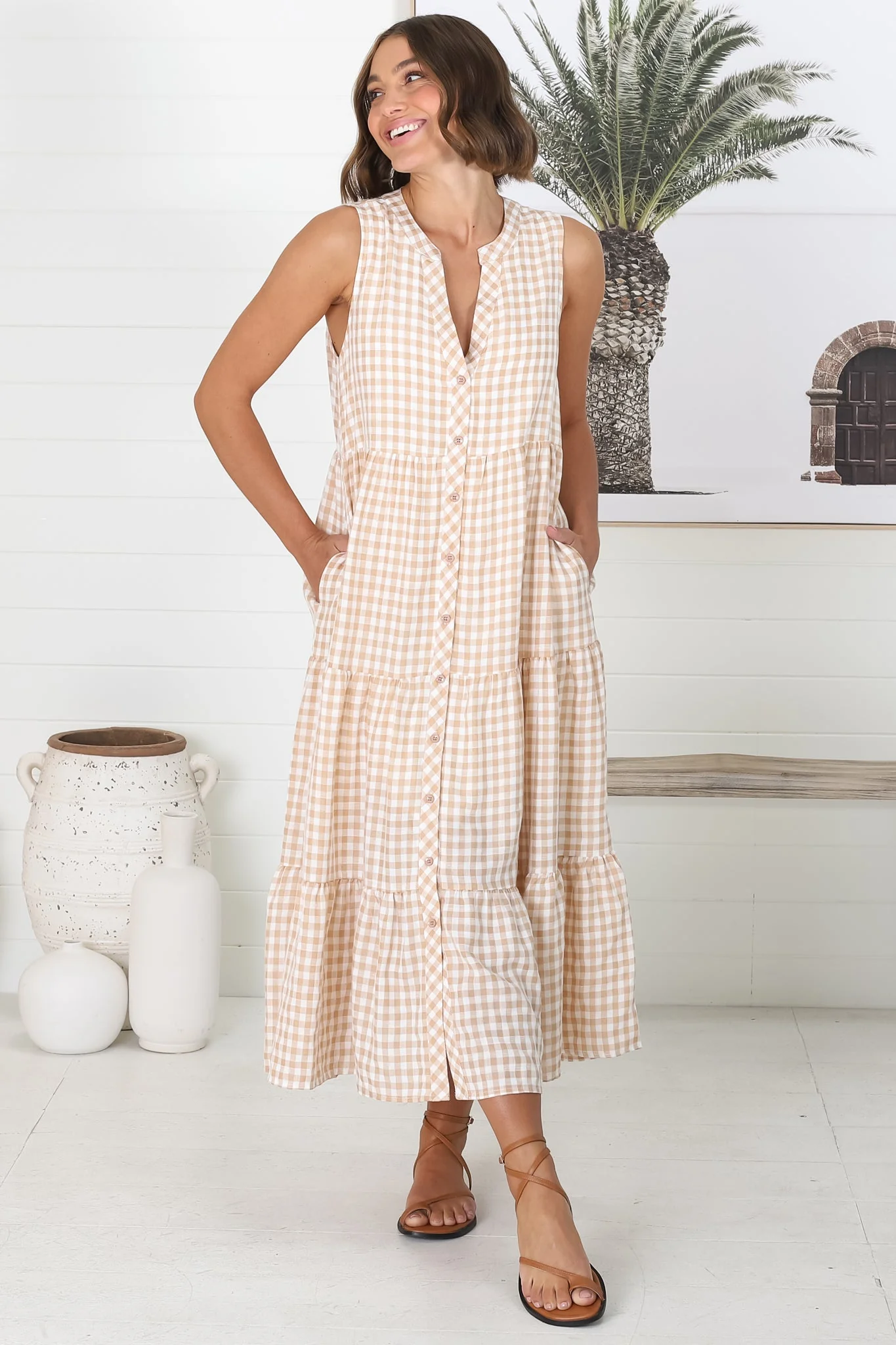Acelle Midi Dress - Sleeveless Bermuda Collar Button Down Gingham Dress in Beige - Image 11