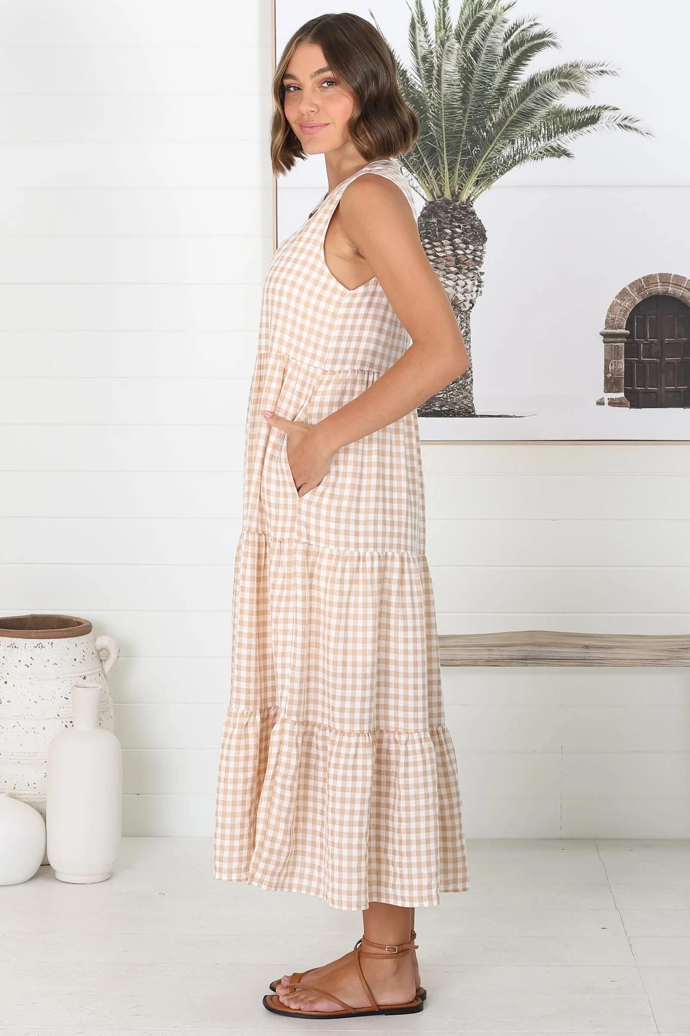 Acelle Midi Dress - Sleeveless Bermuda Collar Button Down Gingham Dress in Beige - Image 13