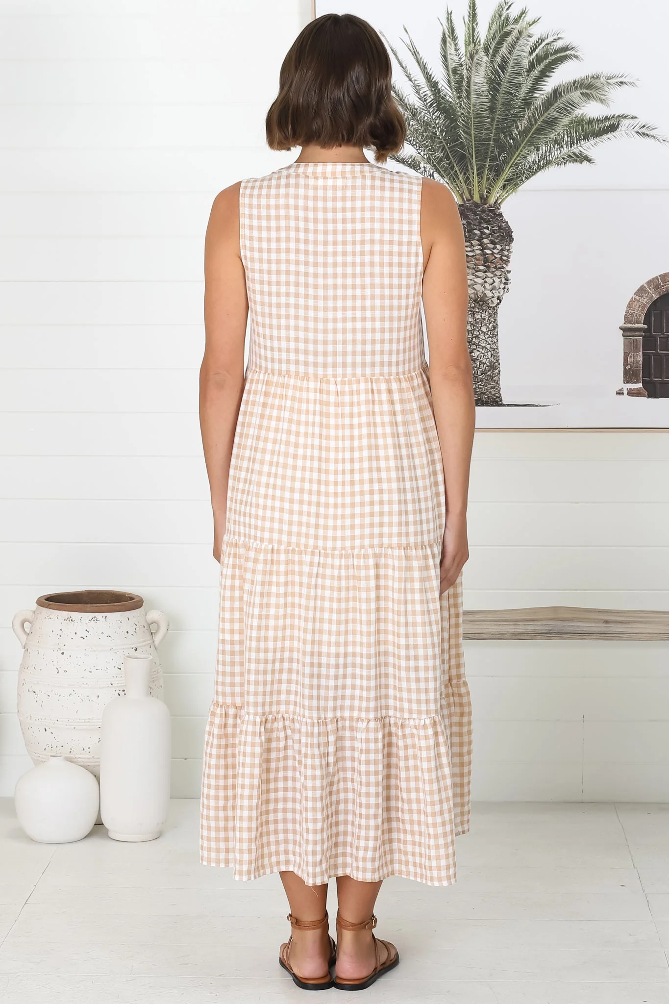 Acelle Midi Dress - Sleeveless Bermuda Collar Button Down Gingham Dress in Beige - Image 14