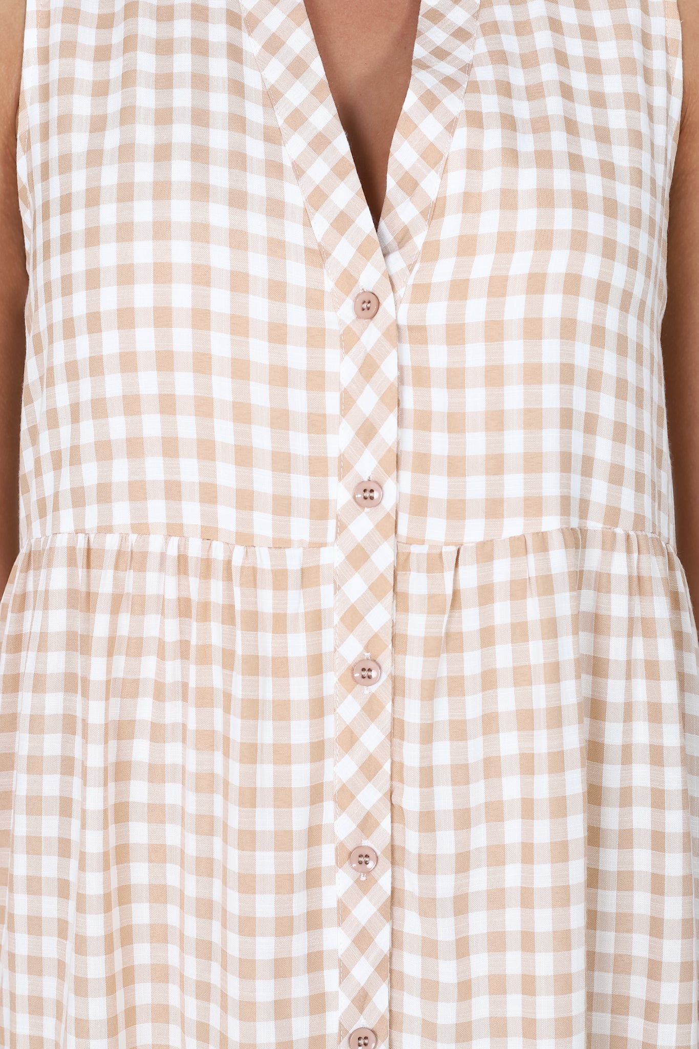 Acelle Midi Dress - Sleeveless Bermuda Collar Button Down Gingham Dress in Beige - Image 15