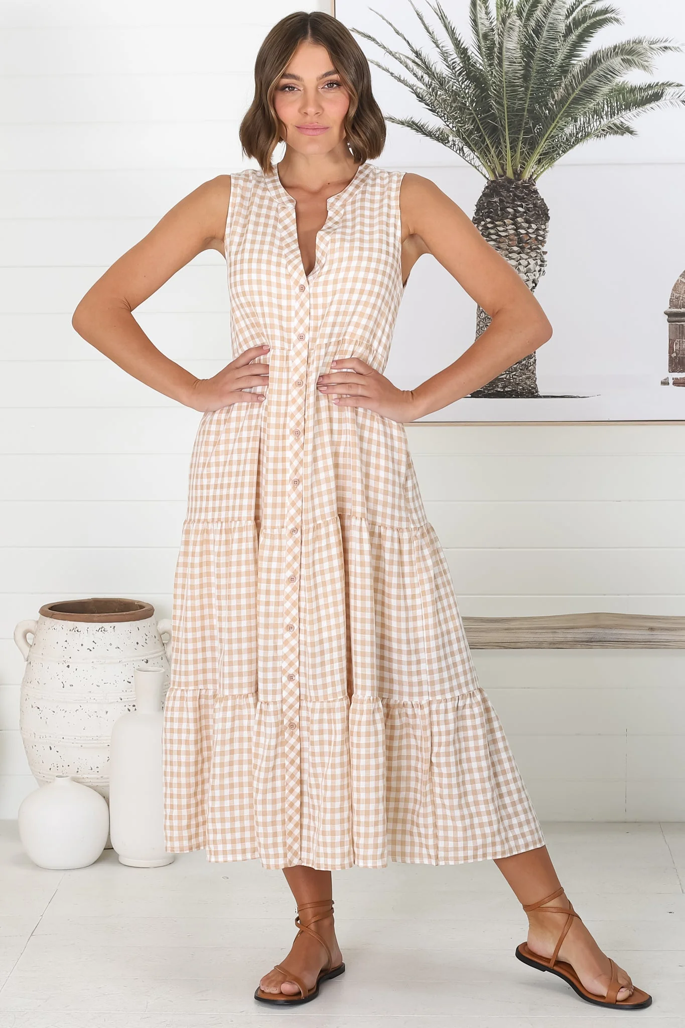 Acelle Midi Dress - Sleeveless Bermuda Collar Button Down Gingham Dress in Beige - Image 2