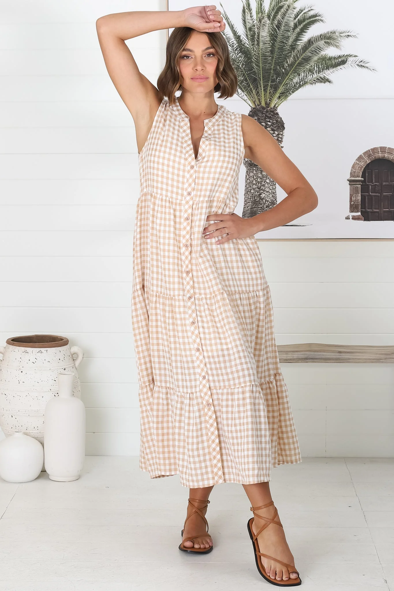 Acelle Midi Dress - Sleeveless Bermuda Collar Button Down Gingham Dress in Beige - Image 4
