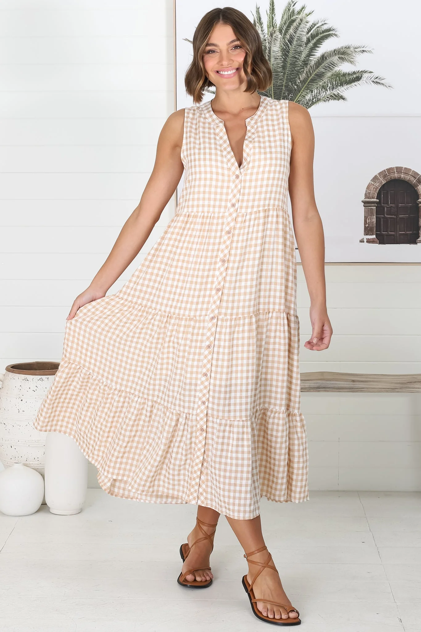 Acelle Midi Dress - Sleeveless Bermuda Collar Button Down Gingham Dress in Beige - Image 5