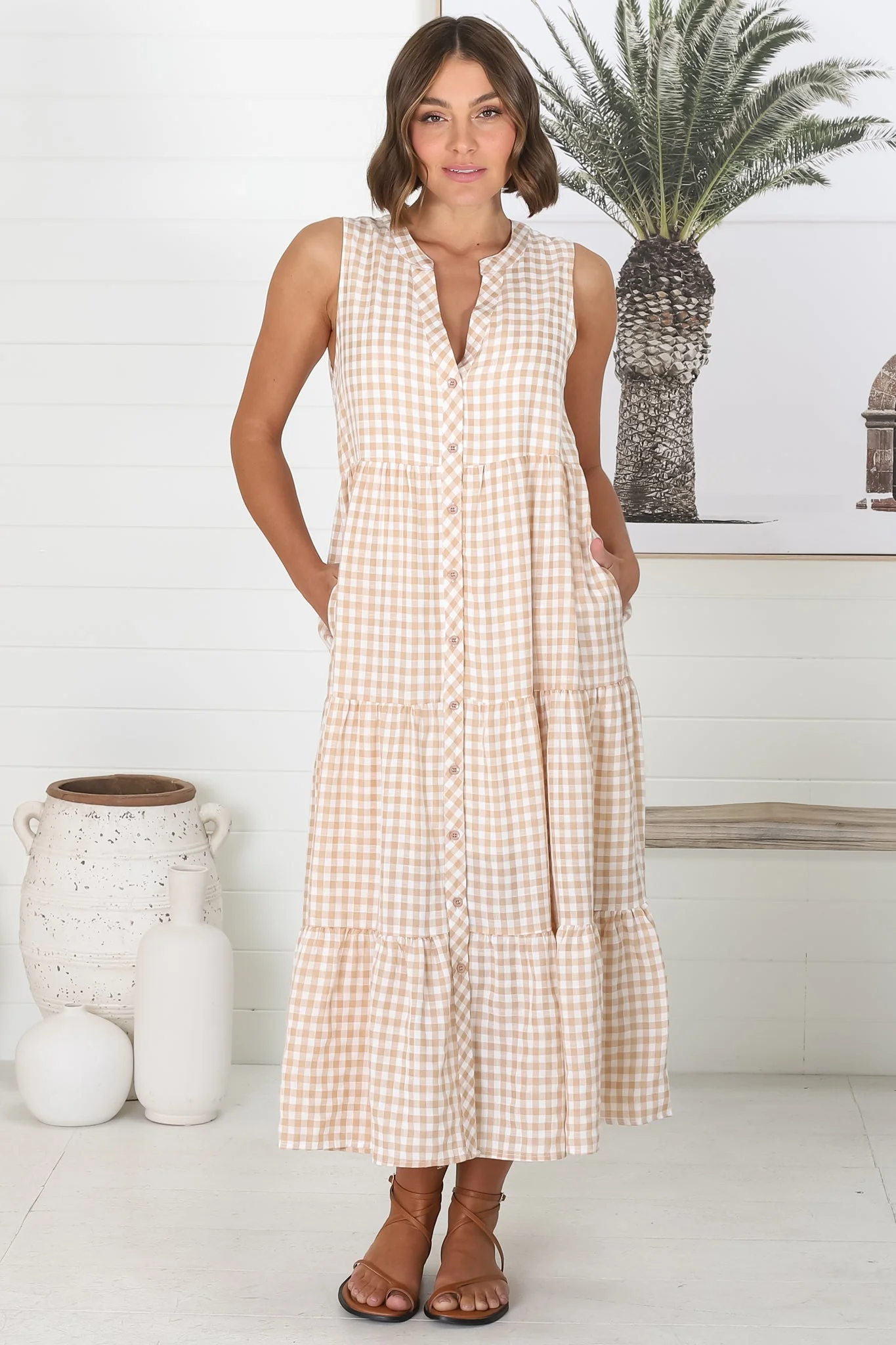 Acelle Midi Dress - Sleeveless Bermuda Collar Button Down Gingham Dress in Beige - Image 7