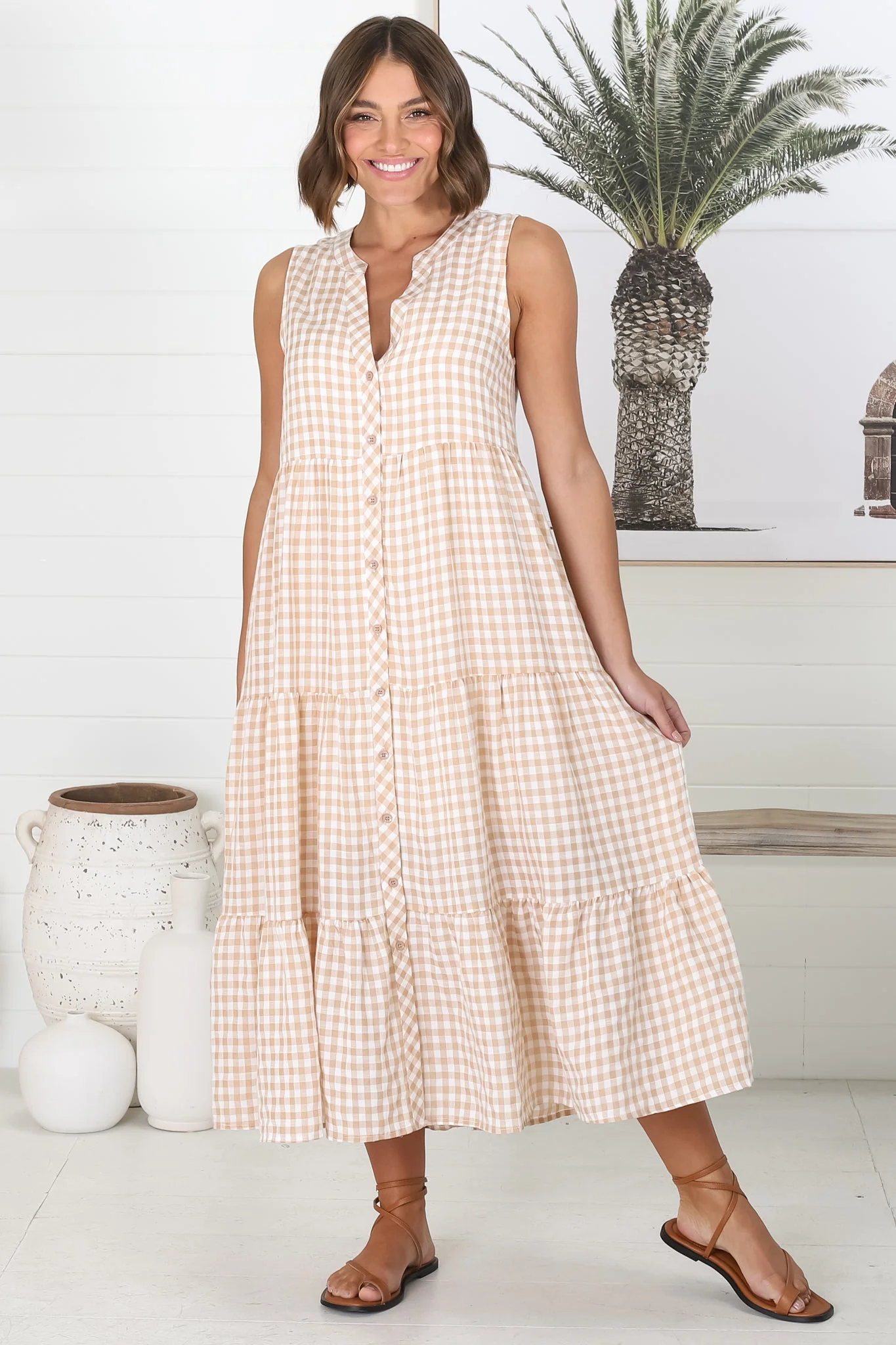 Acelle Midi Dress - Sleeveless Bermuda Collar Button Down Gingham Dress in Beige - Image 8