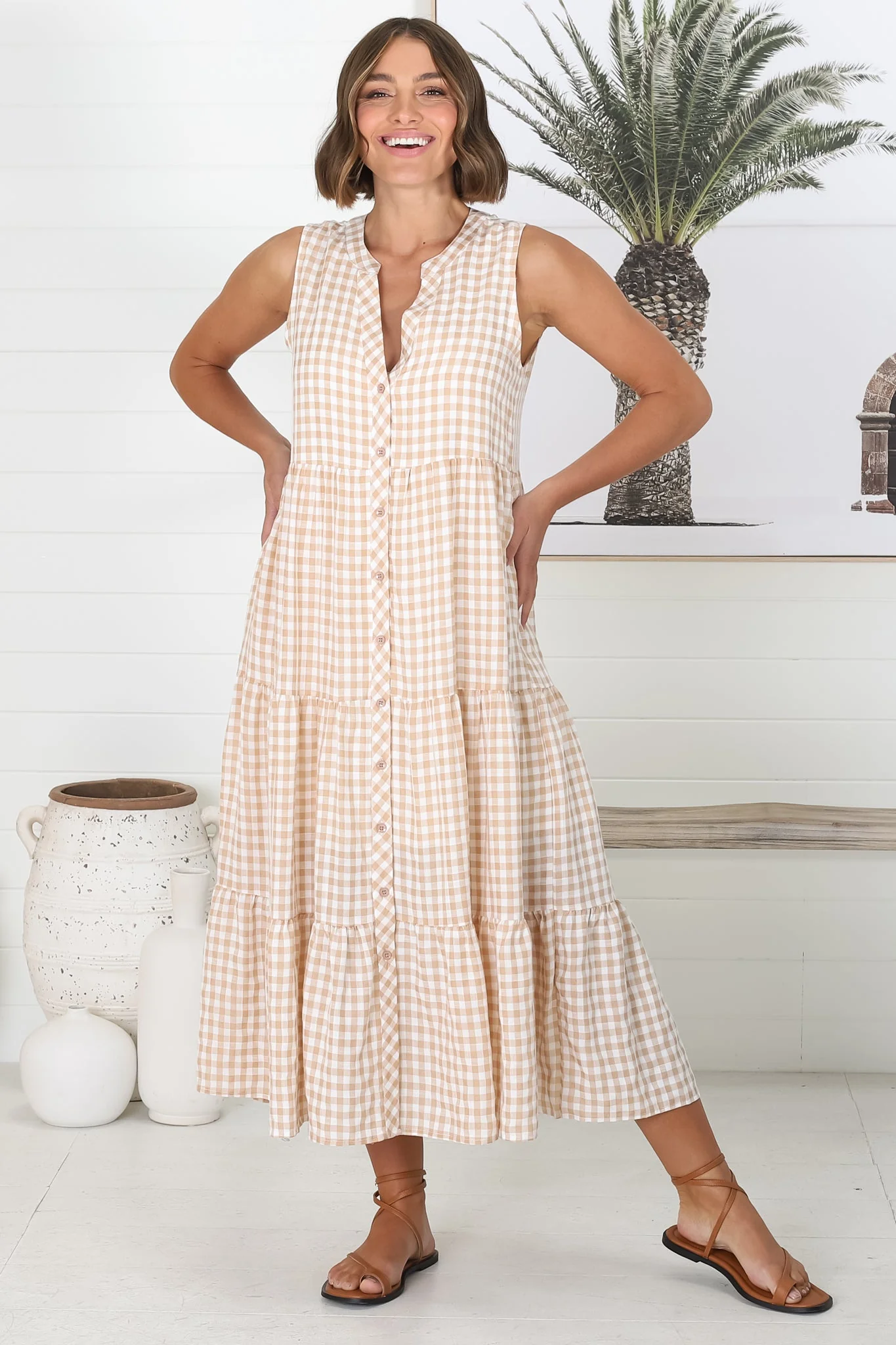 Acelle Midi Dress - Sleeveless Bermuda Collar Button Down Gingham Dress in Beige - Image 9
