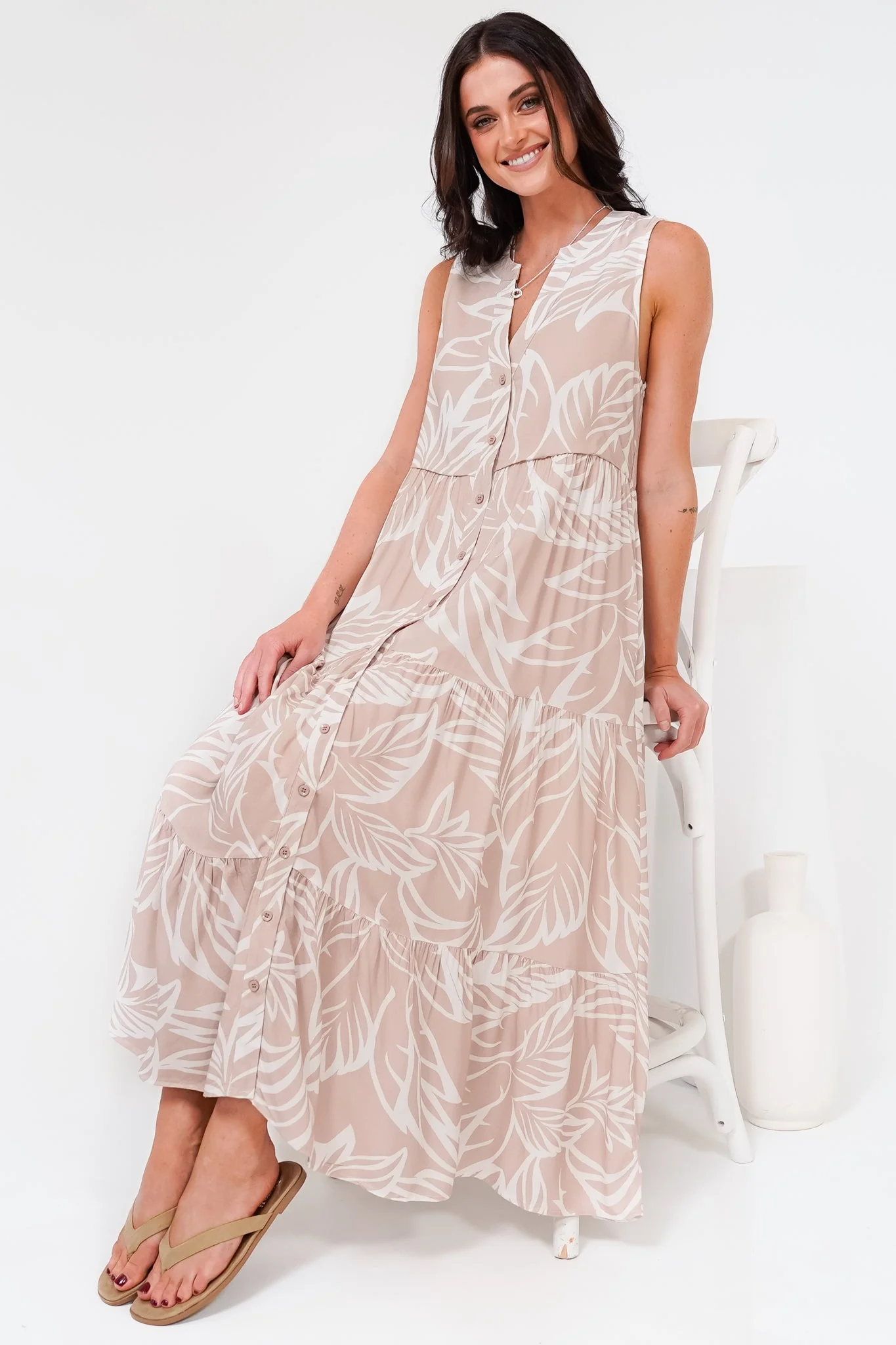Acelle Midi Dress - Sleeveless Bermuda Collar Button Down Dress in Jeani Print Beige - Image 2
