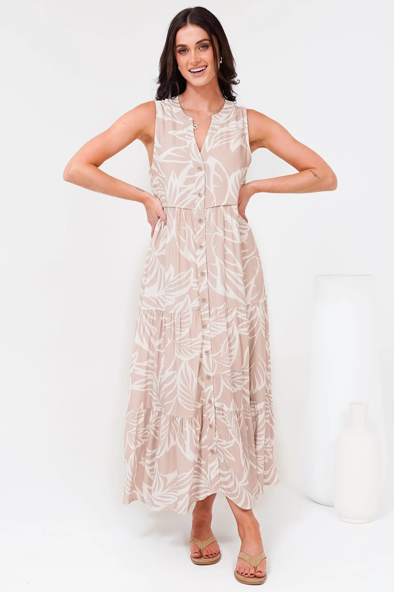 Acelle Midi Dress - Sleeveless Bermuda Collar Button Down Dress in Jeani Print Beige - Image 3