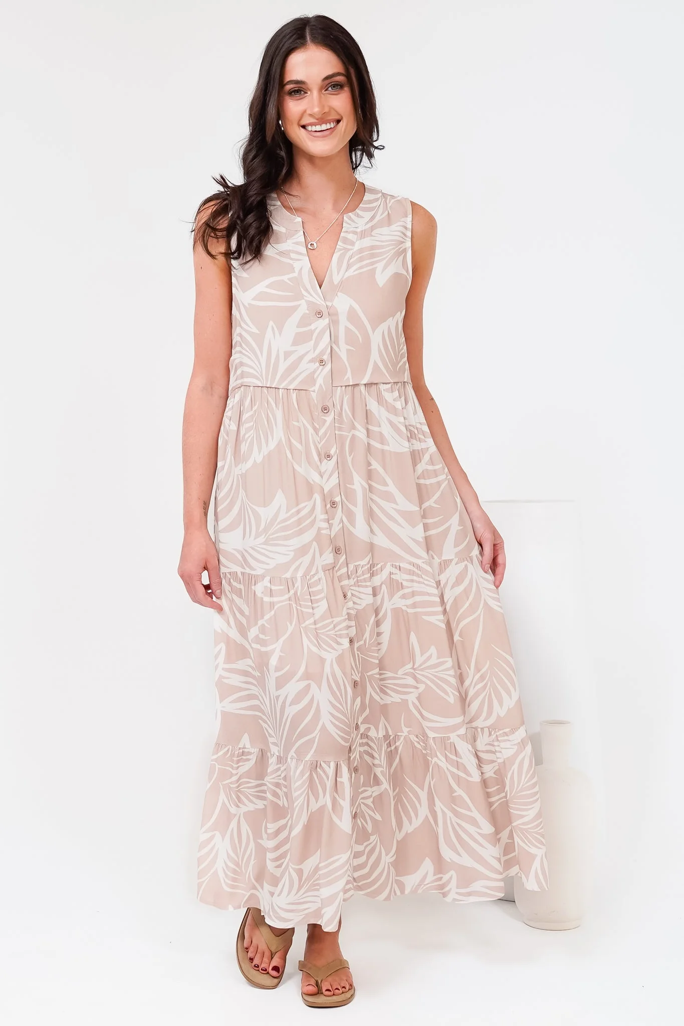 Acelle Midi Dress - Sleeveless Bermuda Collar Button Down Dress in Jeani Print Beige - Image 4