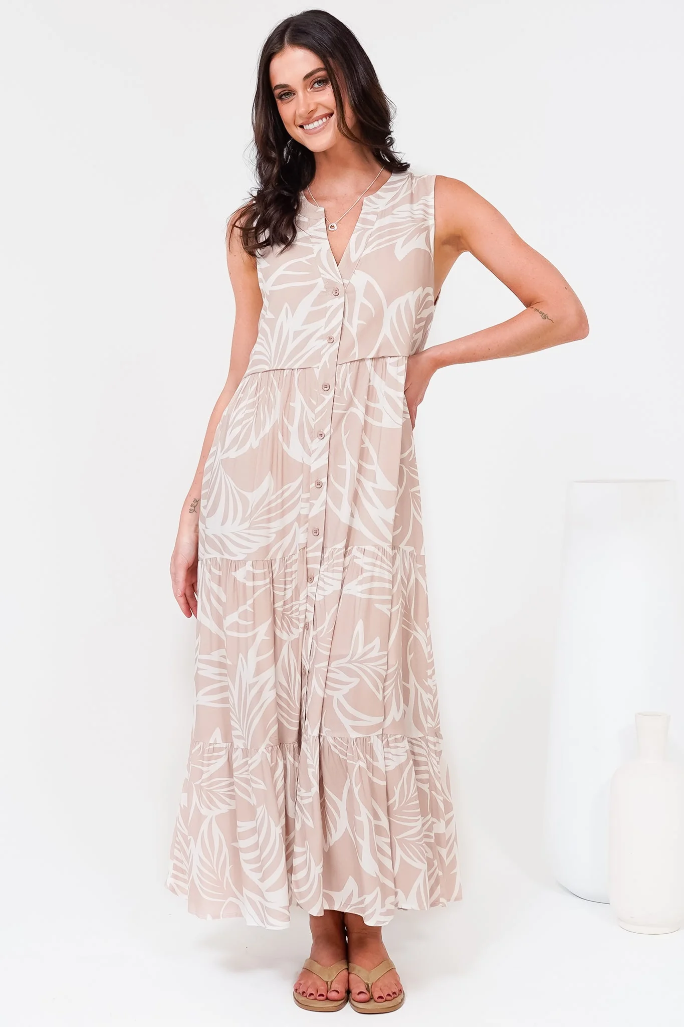 Acelle Midi Dress - Sleeveless Bermuda Collar Button Down Dress in Jeani Print Beige - Image 5