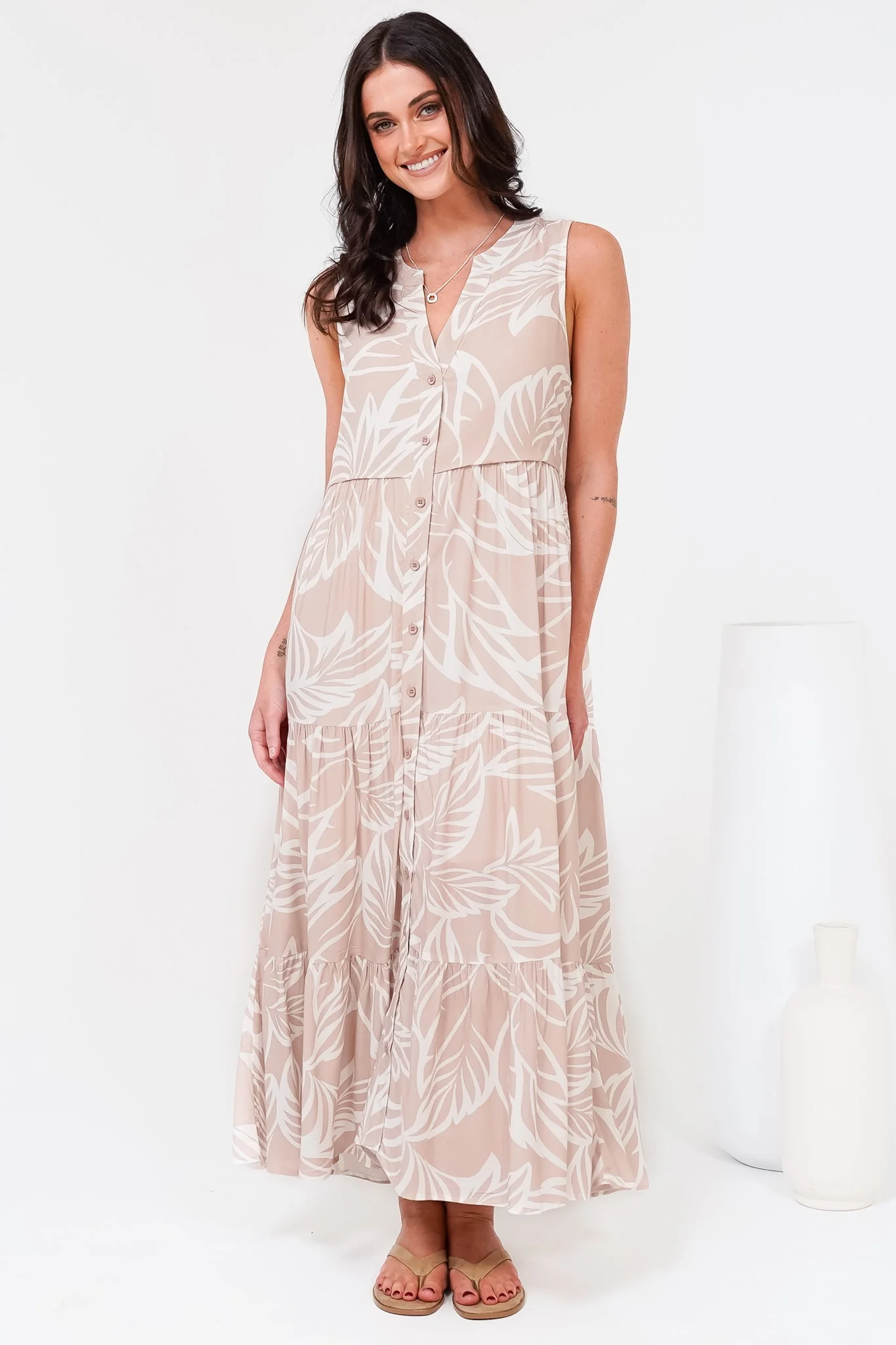 Acelle Midi Dress - Sleeveless Bermuda Collar Button Down Dress in Jeani Print Beige - Image 7