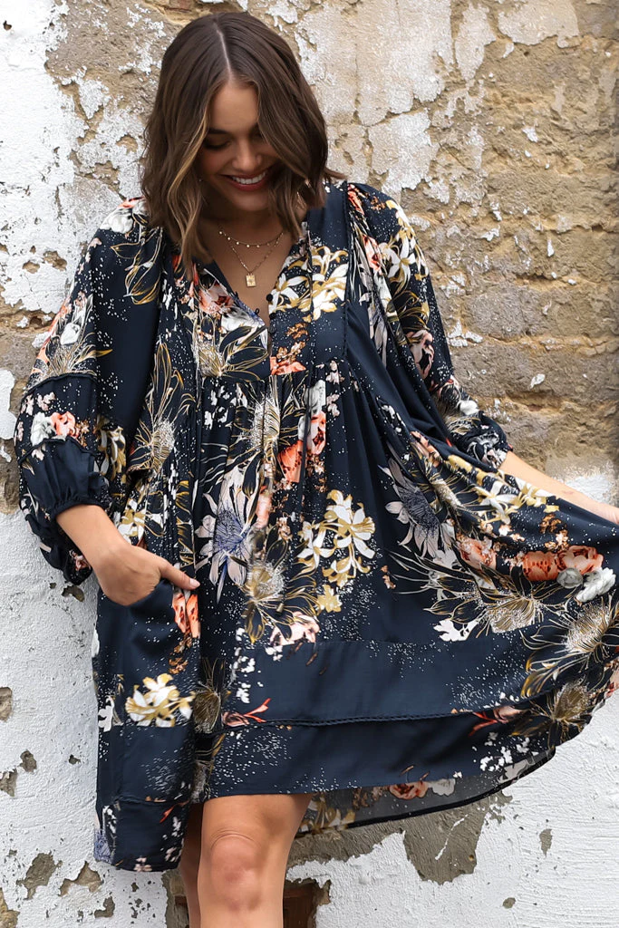 JAASE - Adela Mini Dress: Oversized Smock Dress with Batwing Sleeves in Indigo Print - Image 12