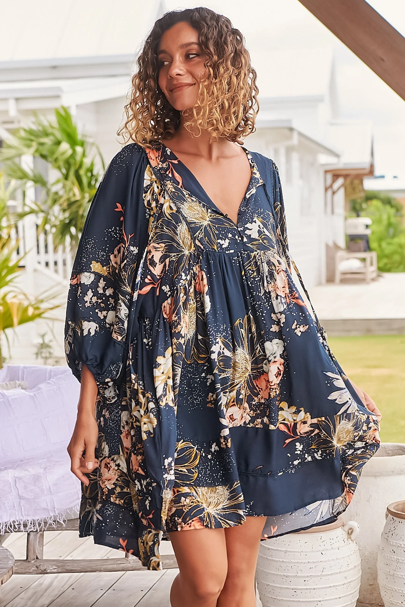 JAASE - Adela Mini Dress: Oversized Smock Dress with Batwing Sleeves in Indigo Print - Image 15