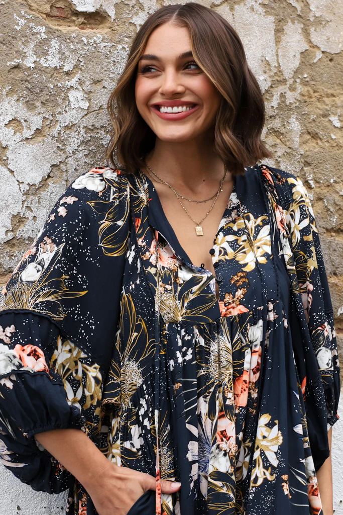 JAASE - Adela Mini Dress: Oversized Smock Dress with Batwing Sleeves in Indigo Print - Image 18
