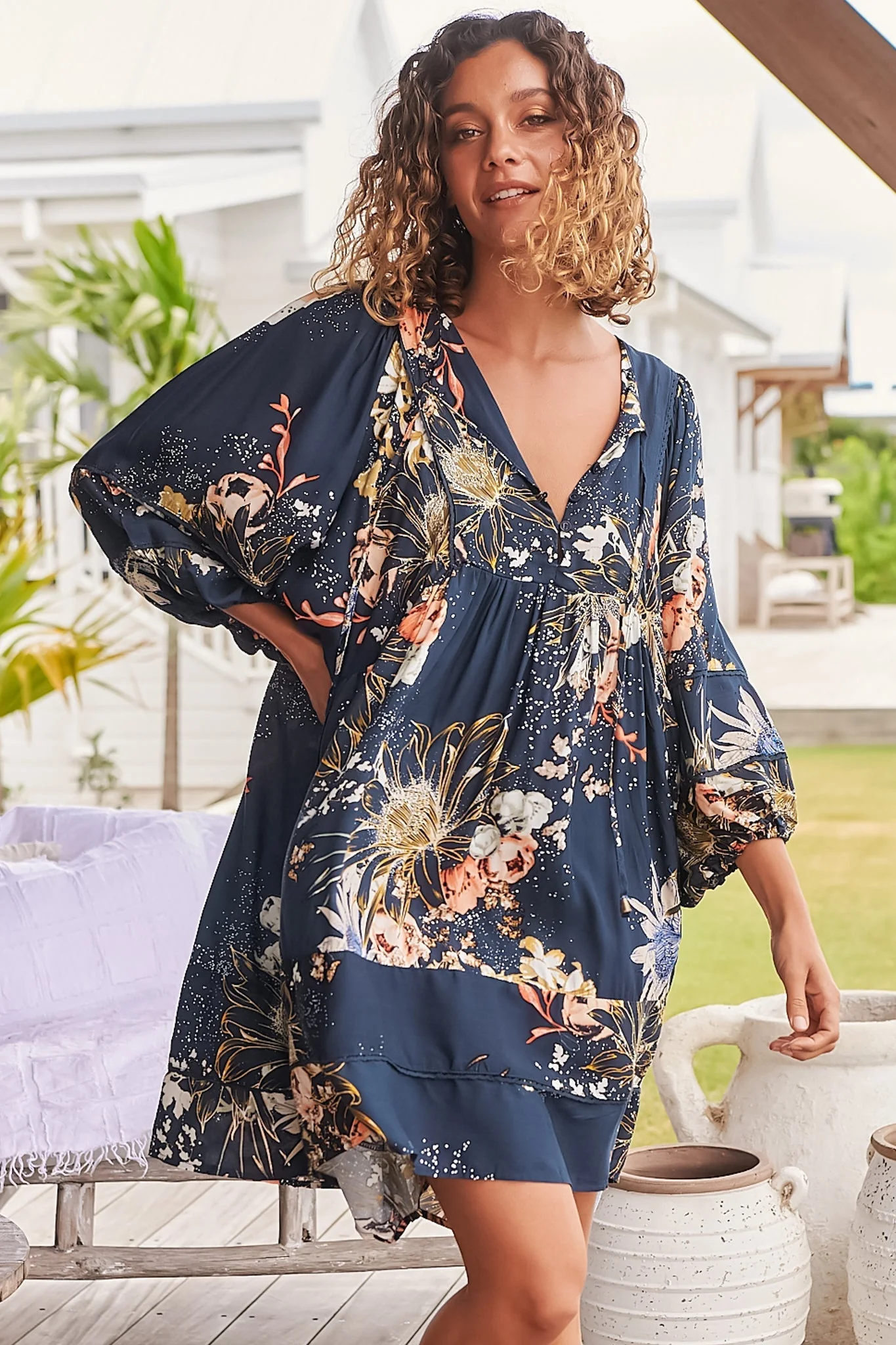 JAASE - Adela Mini Dress: Oversized Smock Dress with Batwing Sleeves in Indigo Print - Image 19