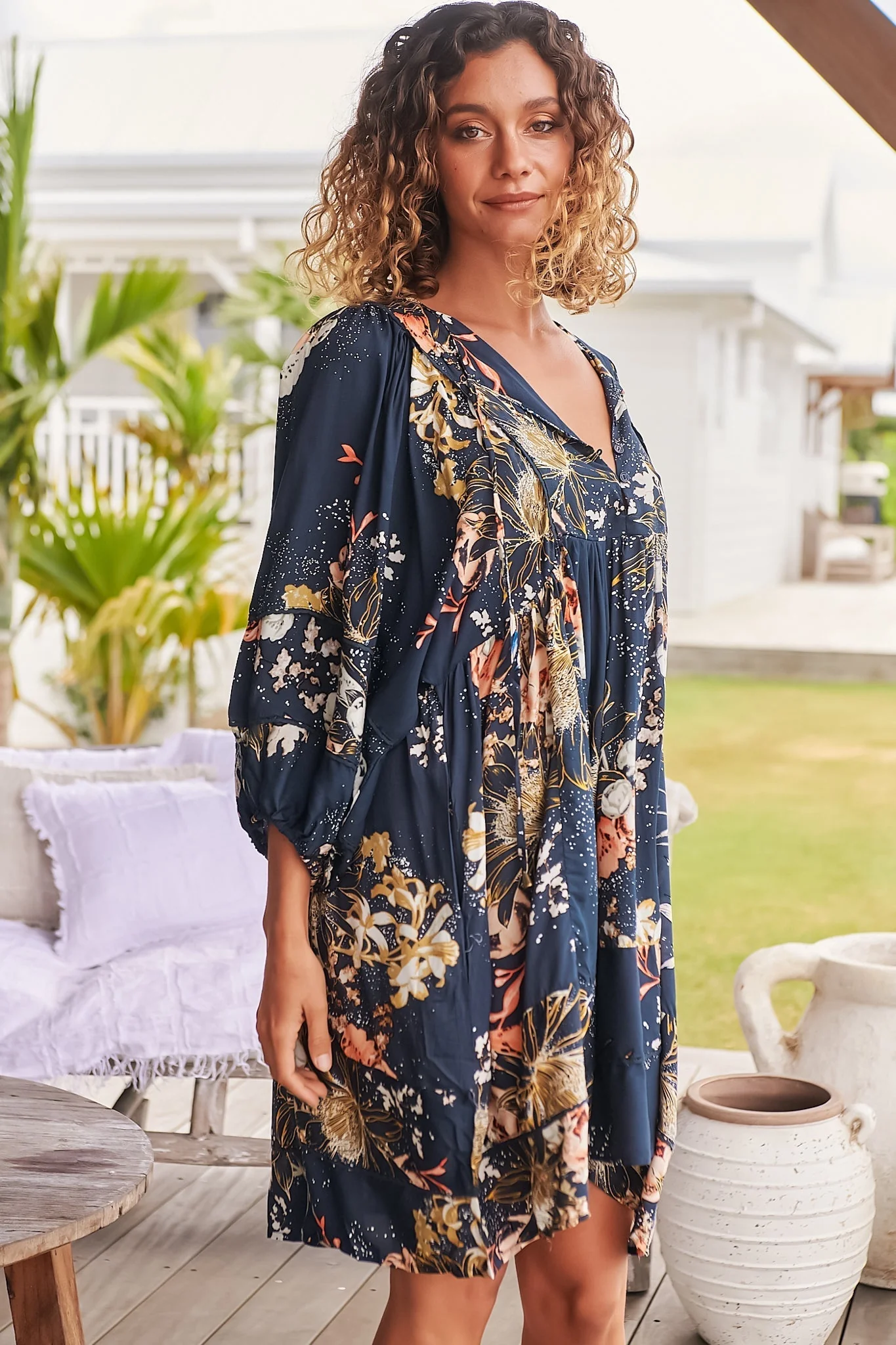JAASE - Adela Mini Dress: Oversized Smock Dress with Batwing Sleeves in Indigo Print - Image 20