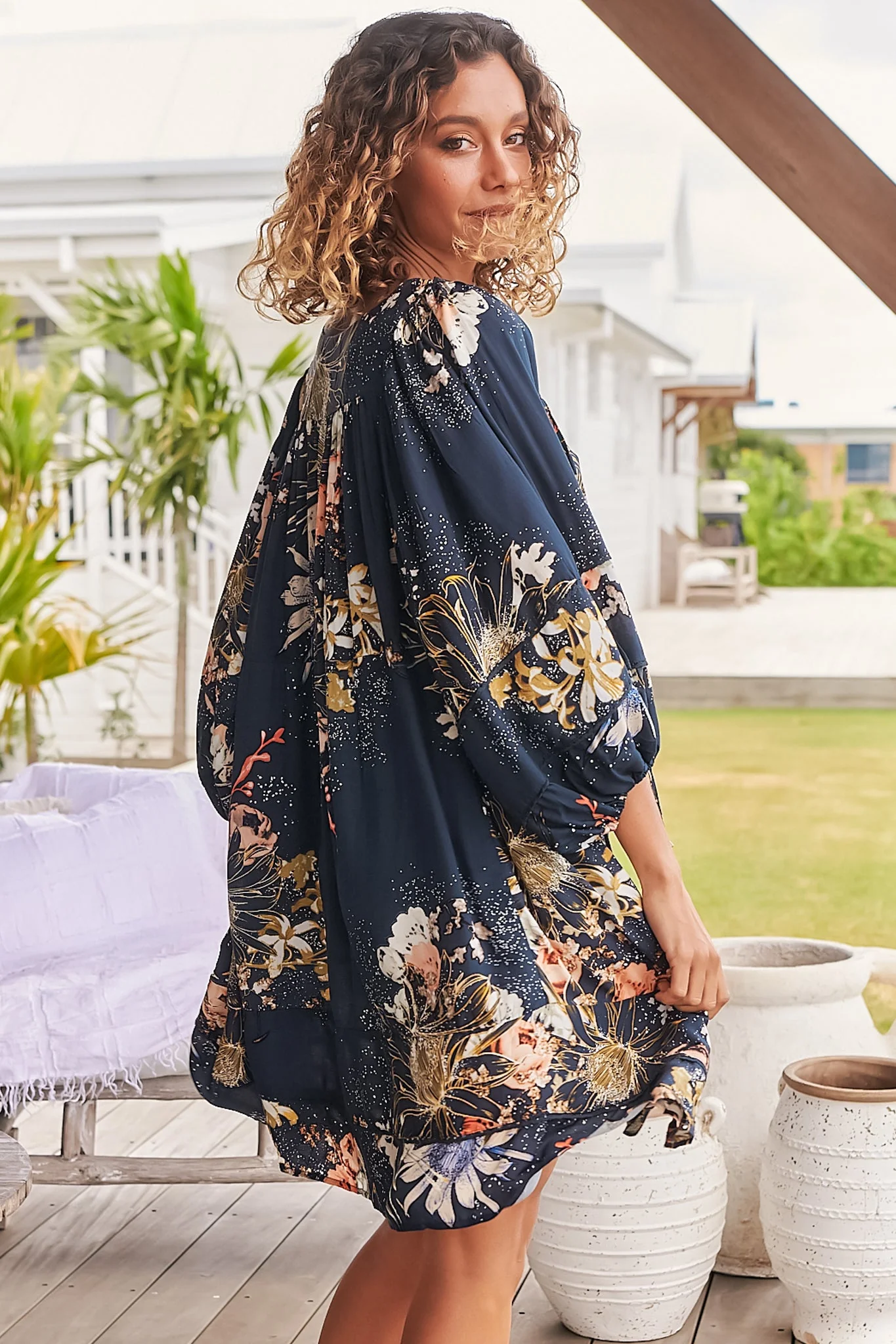 JAASE - Adela Mini Dress: Oversized Smock Dress with Batwing Sleeves in Indigo Print - Image 21