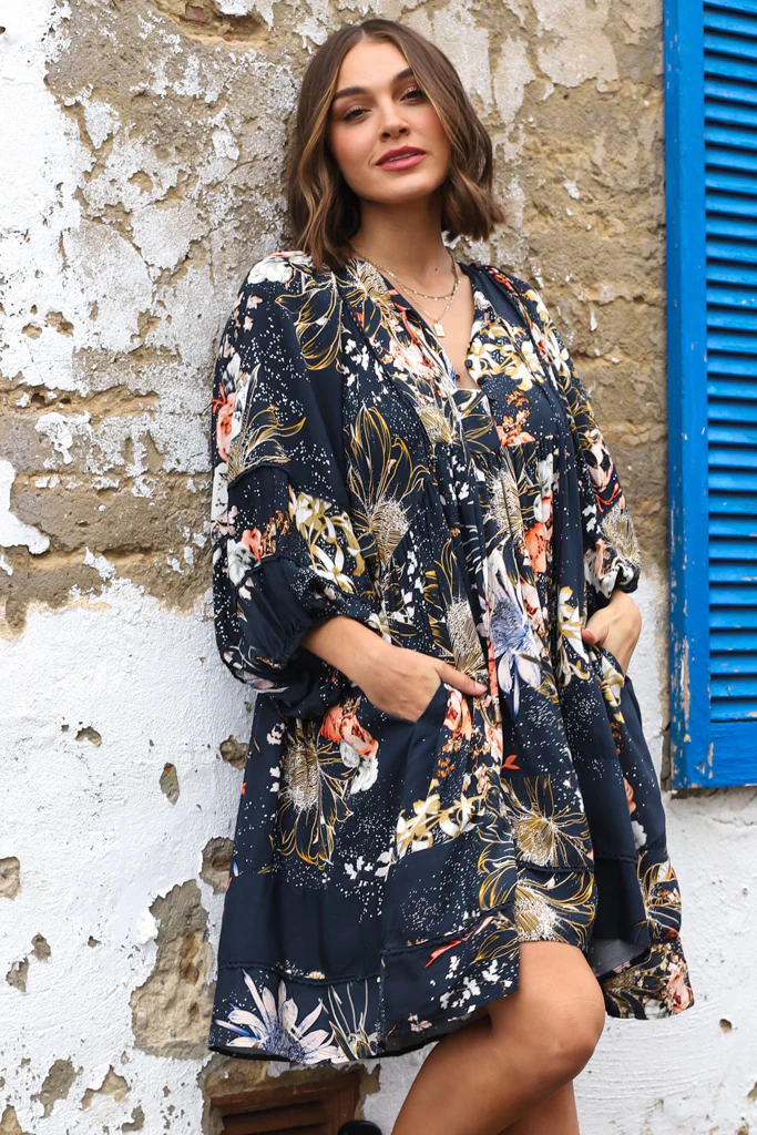 JAASE - Adela Mini Dress: Oversized Smock Dress with Batwing Sleeves in Indigo Print - Image 6