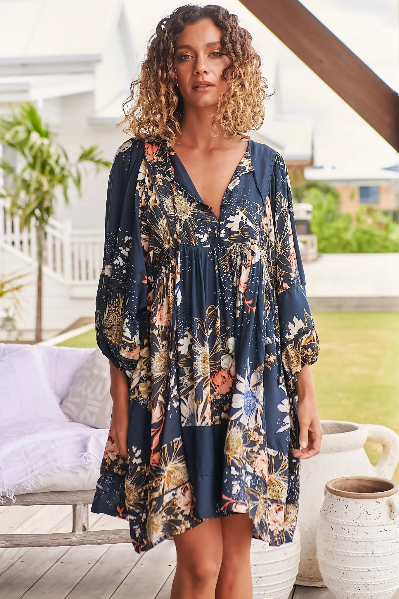 JAASE - Adela Mini Dress: Oversized Smock Dress with Batwing Sleeves in Indigo Print - Image 7