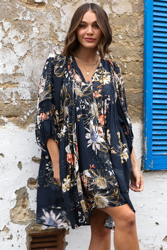 JAASE - Adela Mini Dress: Oversized Smock Dress with Batwing Sleeves in Indigo Print - Image 8