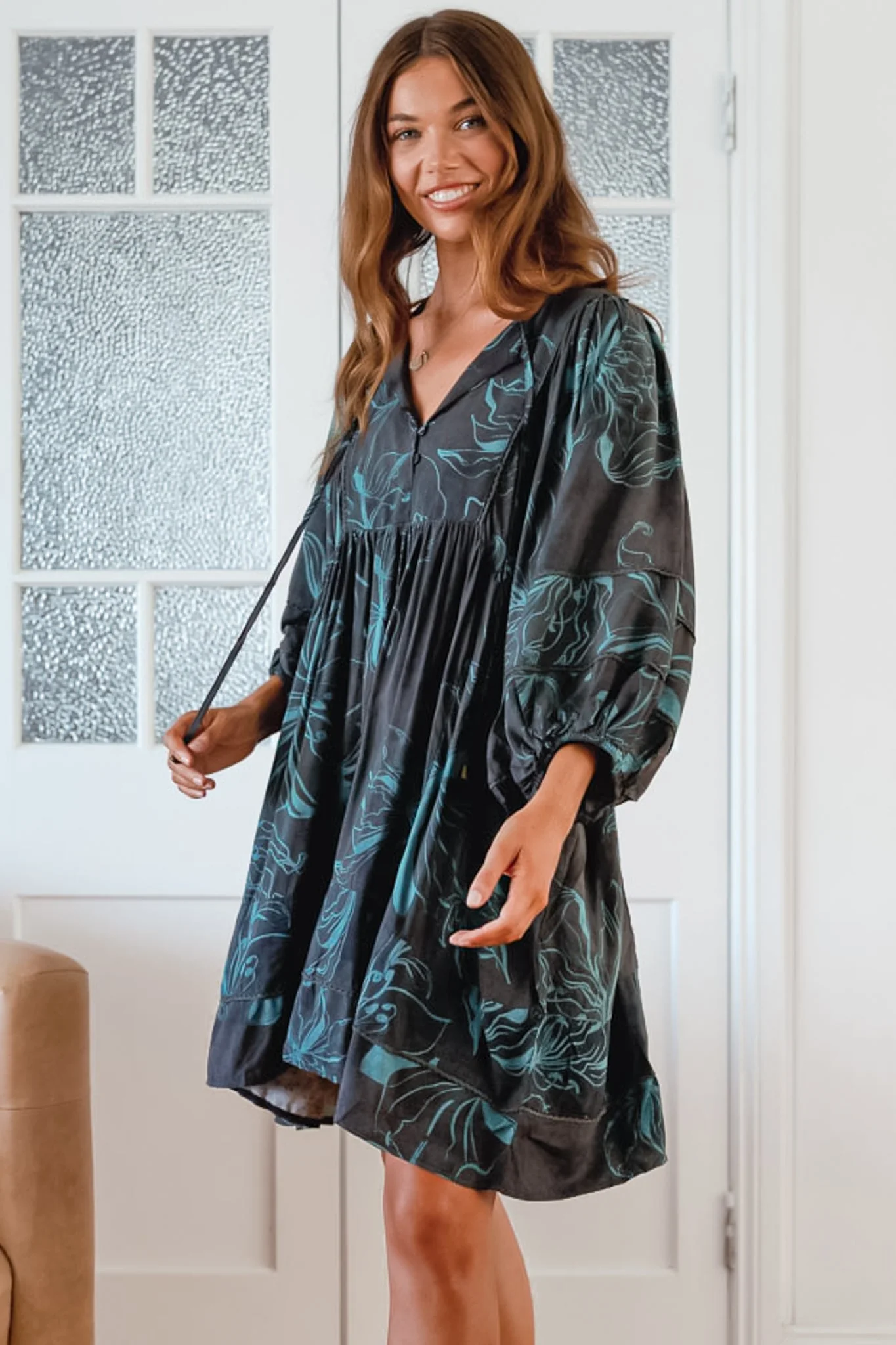 JAASE - Adela Mini Dress: Oversized Smock Dress with Batwing Sleeves in Midnight Lilly Print - Image 2
