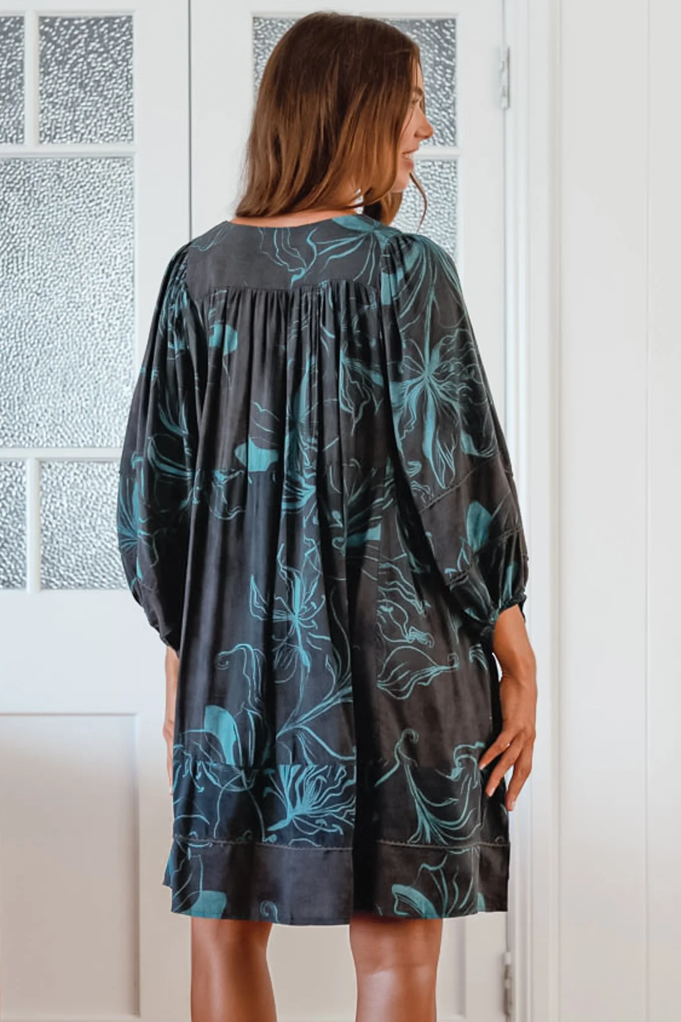 JAASE - Adela Mini Dress: Oversized Smock Dress with Batwing Sleeves in Midnight Lilly Print - Image 3