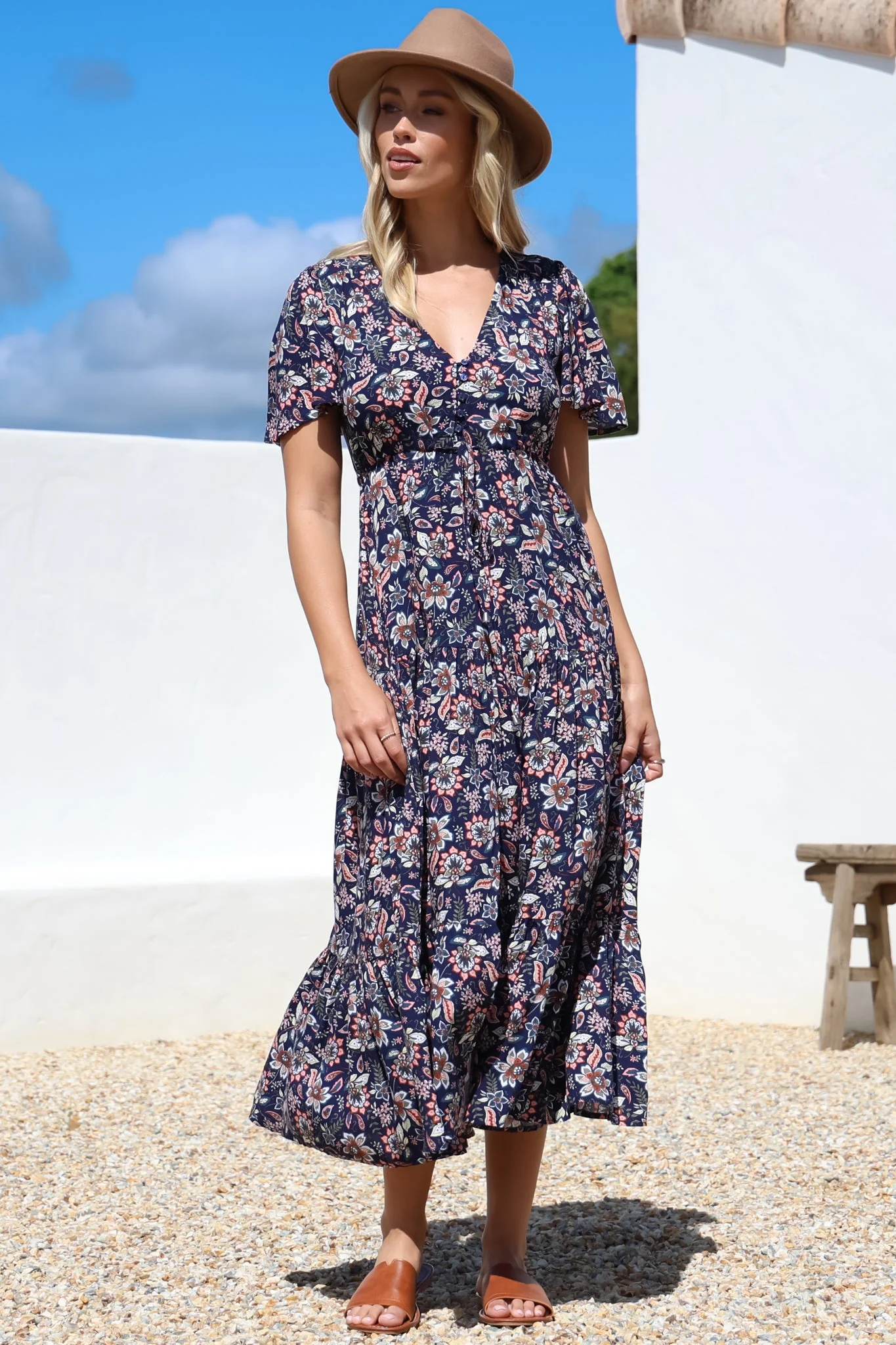 Adhira Maxi Dress - Buttoned Bodice A Line Dress With Flute Sleeves In Marla Print Navy - Image 10