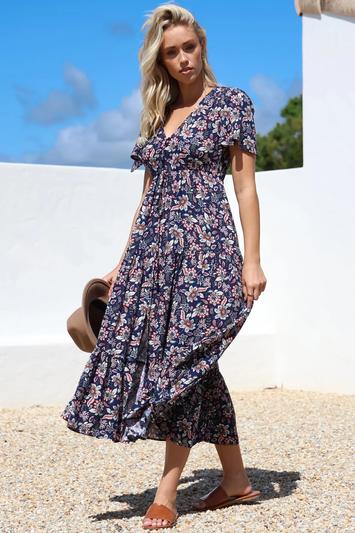 Adhira Maxi Dress - Buttoned Bodice A Line Dress With Flute Sleeves In Marla Print Navy - Image 11