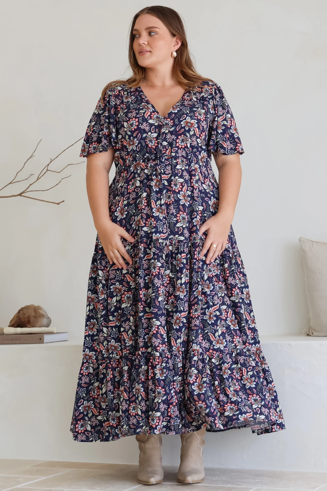 Adhira Maxi Dress - Buttoned Bodice A Line Dress With Flute Sleeves In Marla Print Navy - Image 12